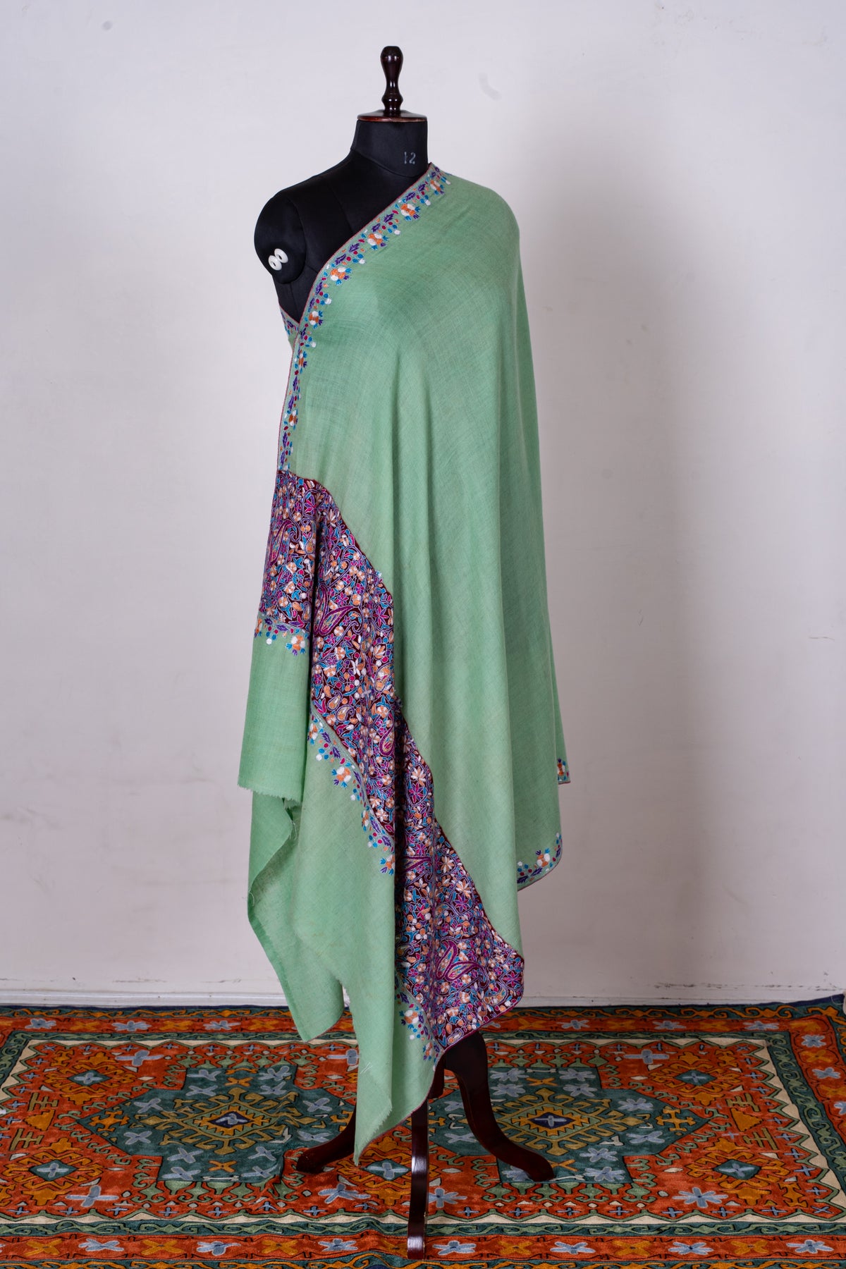 Mint Green Pure Pashmina Shawl with Vibrant Sozni Hand Embroidered Floral Paisleys