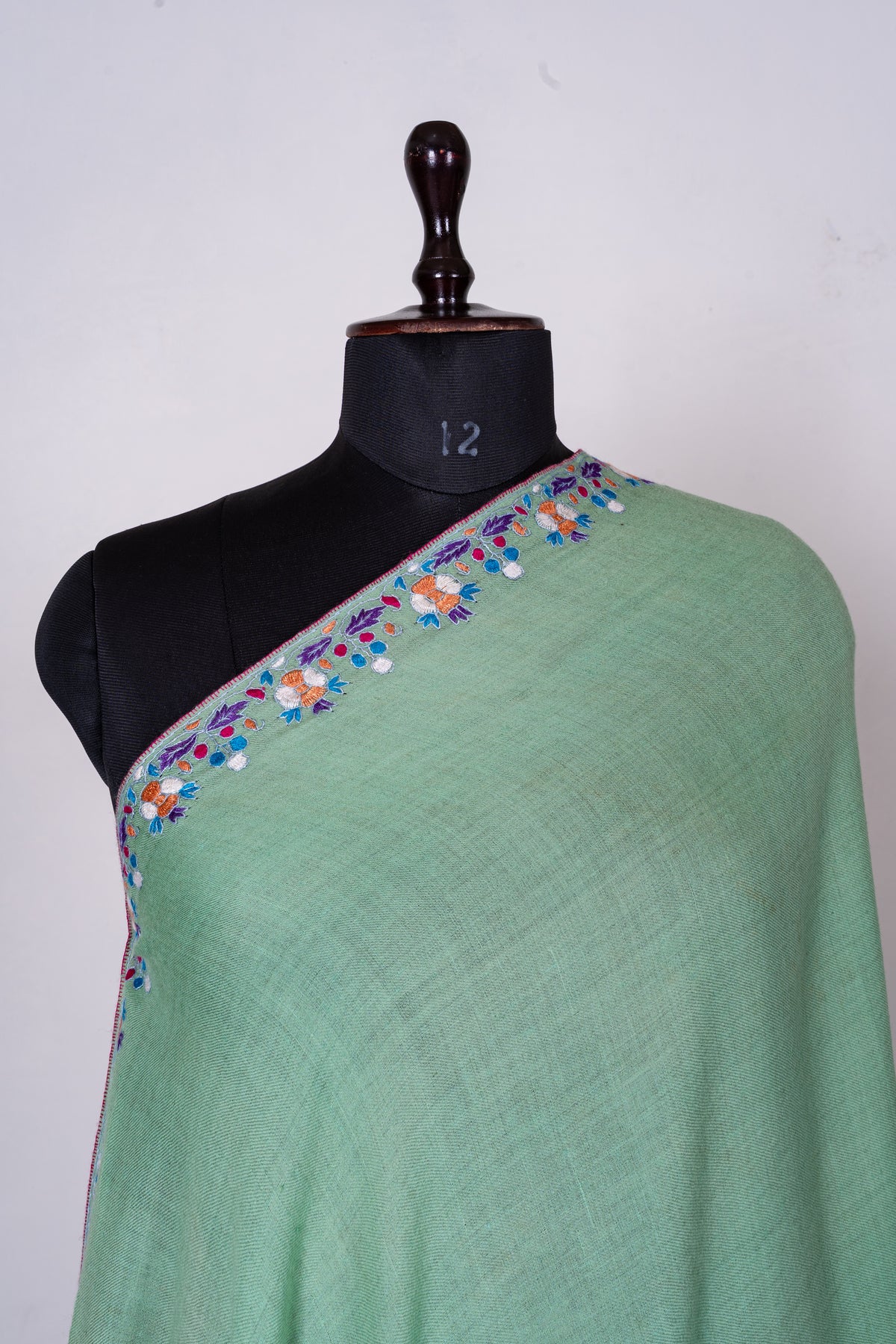 Mint Green Pure Pashmina Shawl with Vibrant Sozni Hand Embroidered Floral Paisleys