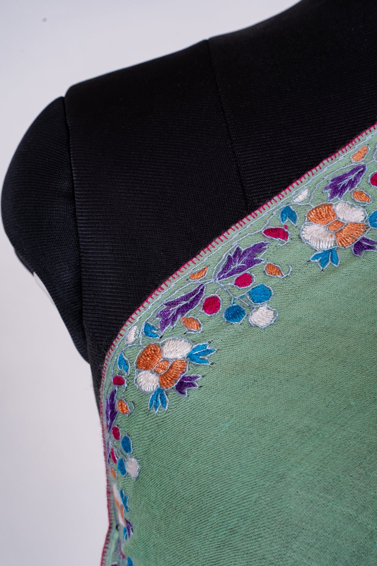 Mint Green Pure Pashmina Shawl with Vibrant Sozni Hand Embroidered Floral Paisleys