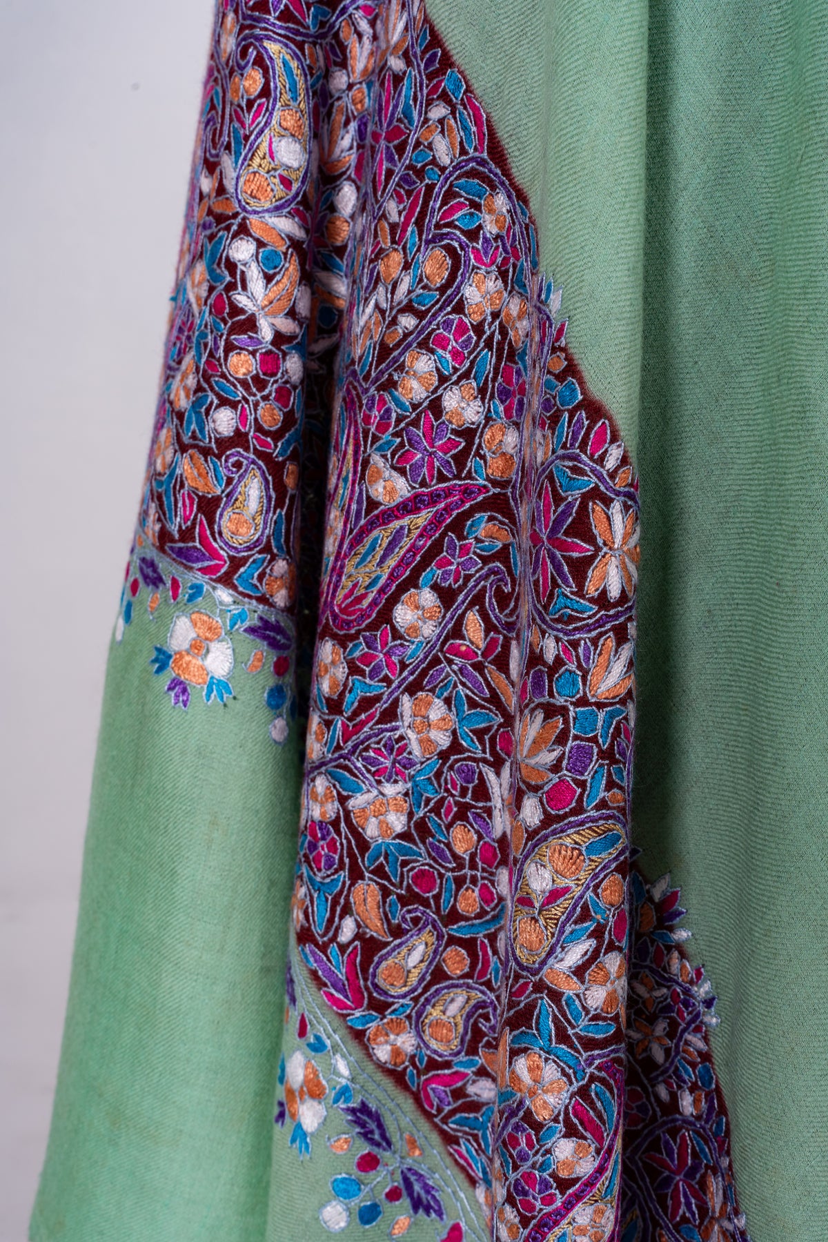 Mint Green Pure Pashmina Shawl with Vibrant Sozni Hand Embroidered Floral Paisleys