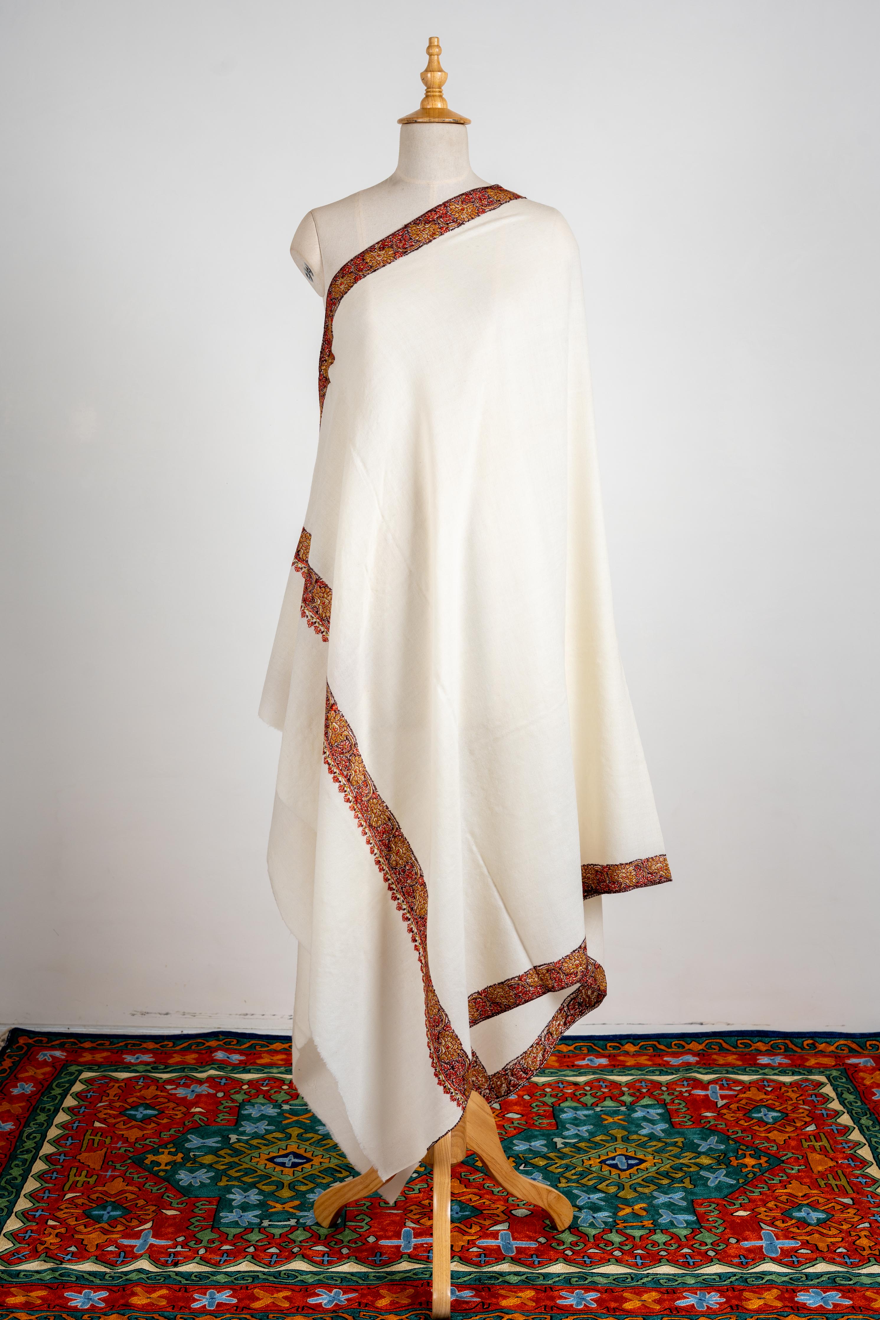 Blue - Handwoven Sozni Hand Embroidered Merino Wool Kashmiri Stole 18
