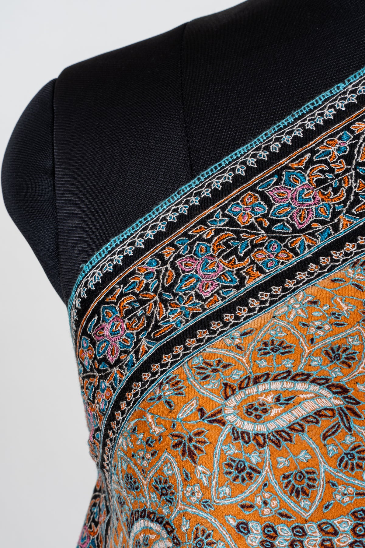 Golden Mosaic Pure Pashmina Shawl with Intricate Sozni Hand Embroidered Geometric Florals