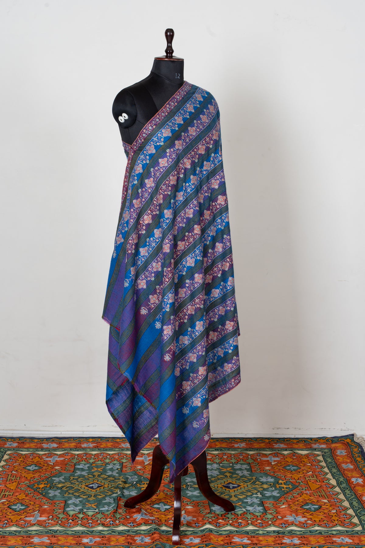 Sapphire and Amethyst Pure Pashmina Shawl with Sozni Hand Embroidered Floral Stripes