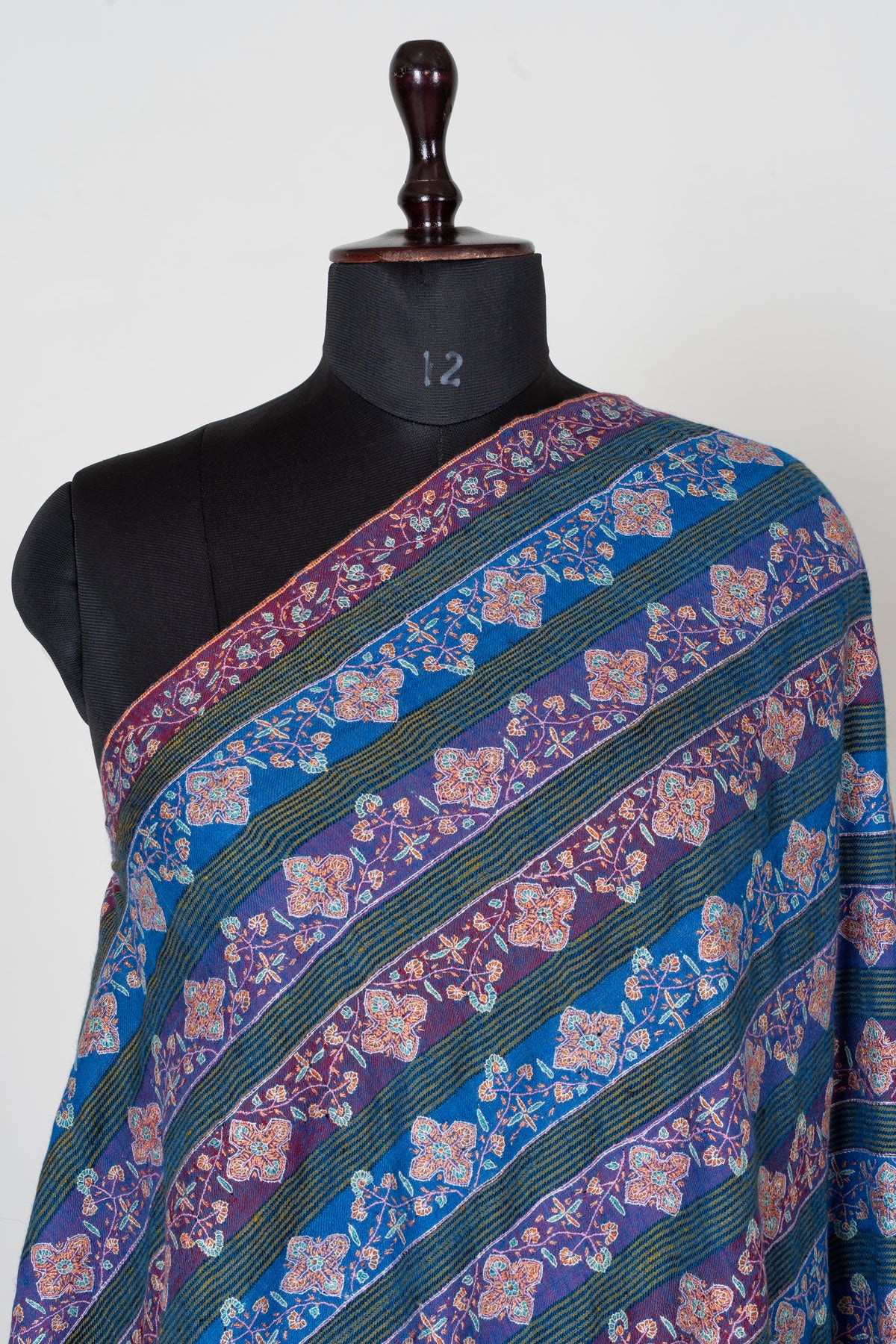 Sapphire and Amethyst Pure Pashmina Shawl with Sozni Hand Embroidered Floral Stripes