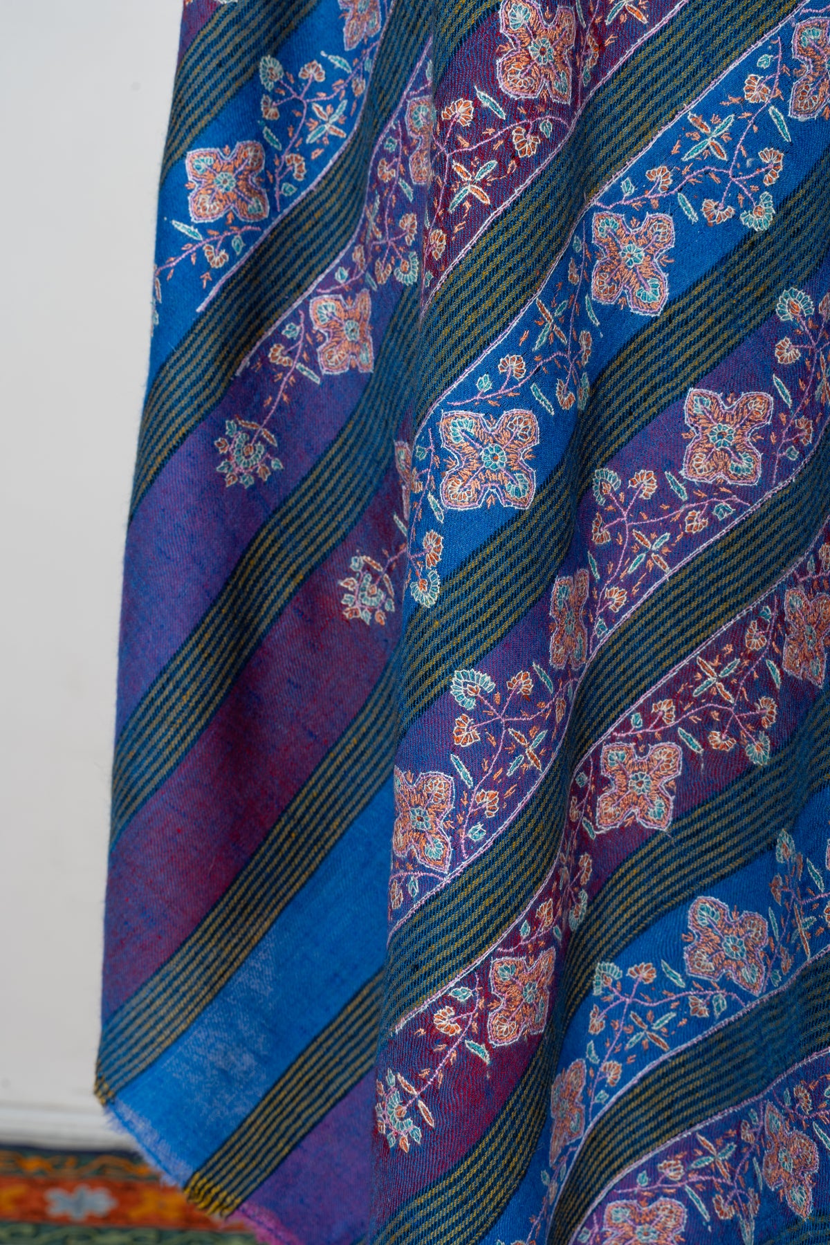 Sapphire and Amethyst Pure Pashmina Shawl with Sozni Hand Embroidered Floral Stripes