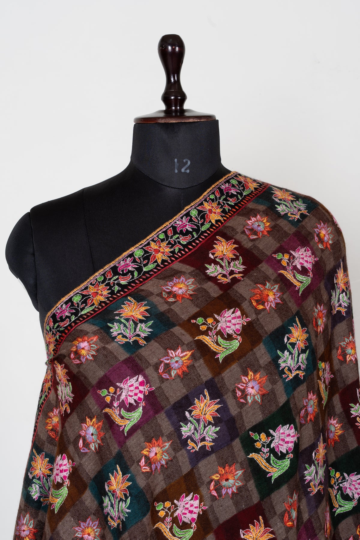 Autumn Tapestry Sozni Hand Embroidered Pure Pashmina Shawl with Multicolored Floral Checks