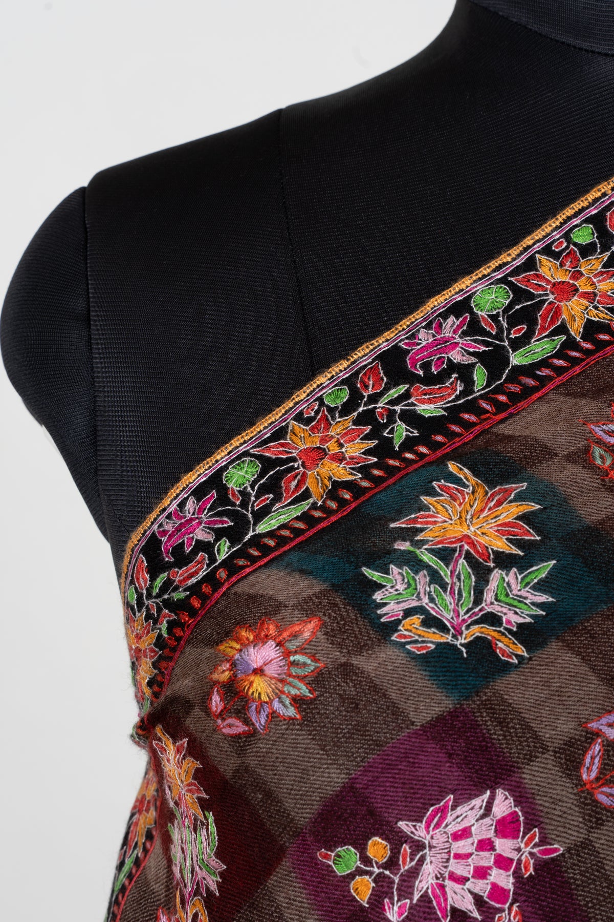 Autumn Tapestry Sozni Hand Embroidered Pure Pashmina Shawl with Multicolored Floral Checks