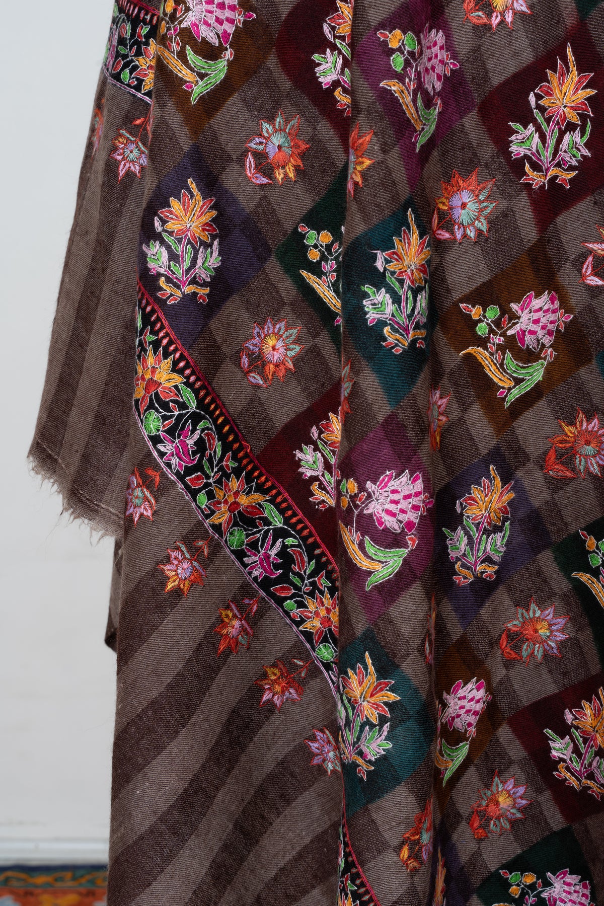 Autumn Tapestry Sozni Hand Embroidered Pure Pashmina Shawl with Multicolored Floral Checks