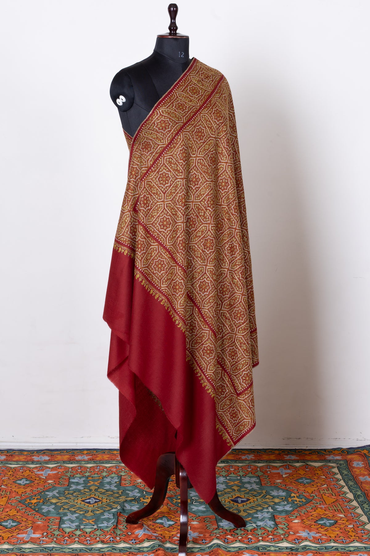 Royal Garnet Fine Merino Wool Shawl with Golden Sozni Hand Embroidered Geometric Patterns