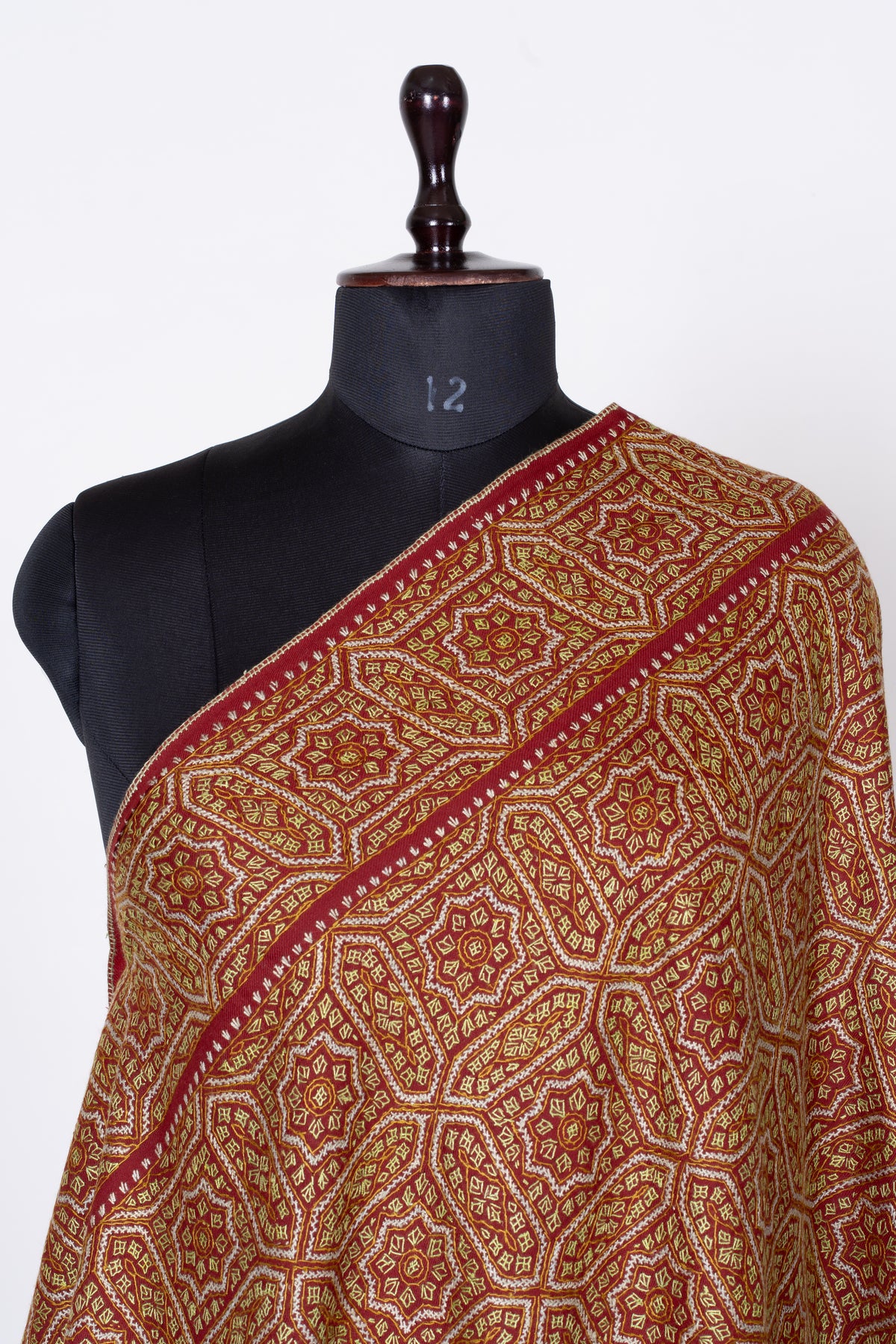 Royal Garnet Fine Merino Wool Shawl with Golden Sozni Hand Embroidered Geometric Patterns