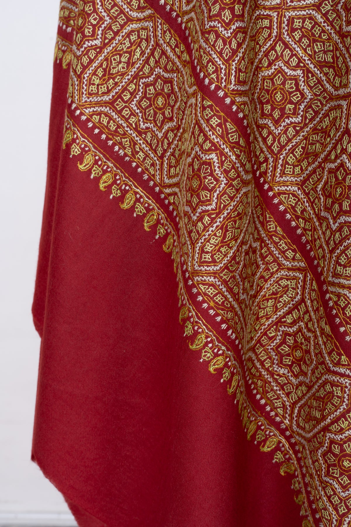Royal Garnet Fine Merino Wool Shawl with Golden Sozni Hand Embroidered Geometric Patterns