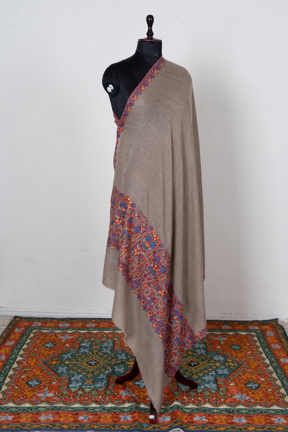 Sandstone Elegance Pure Pashmina Shawl with Vibrant Sozni Hand Embroidered Paisley Borders