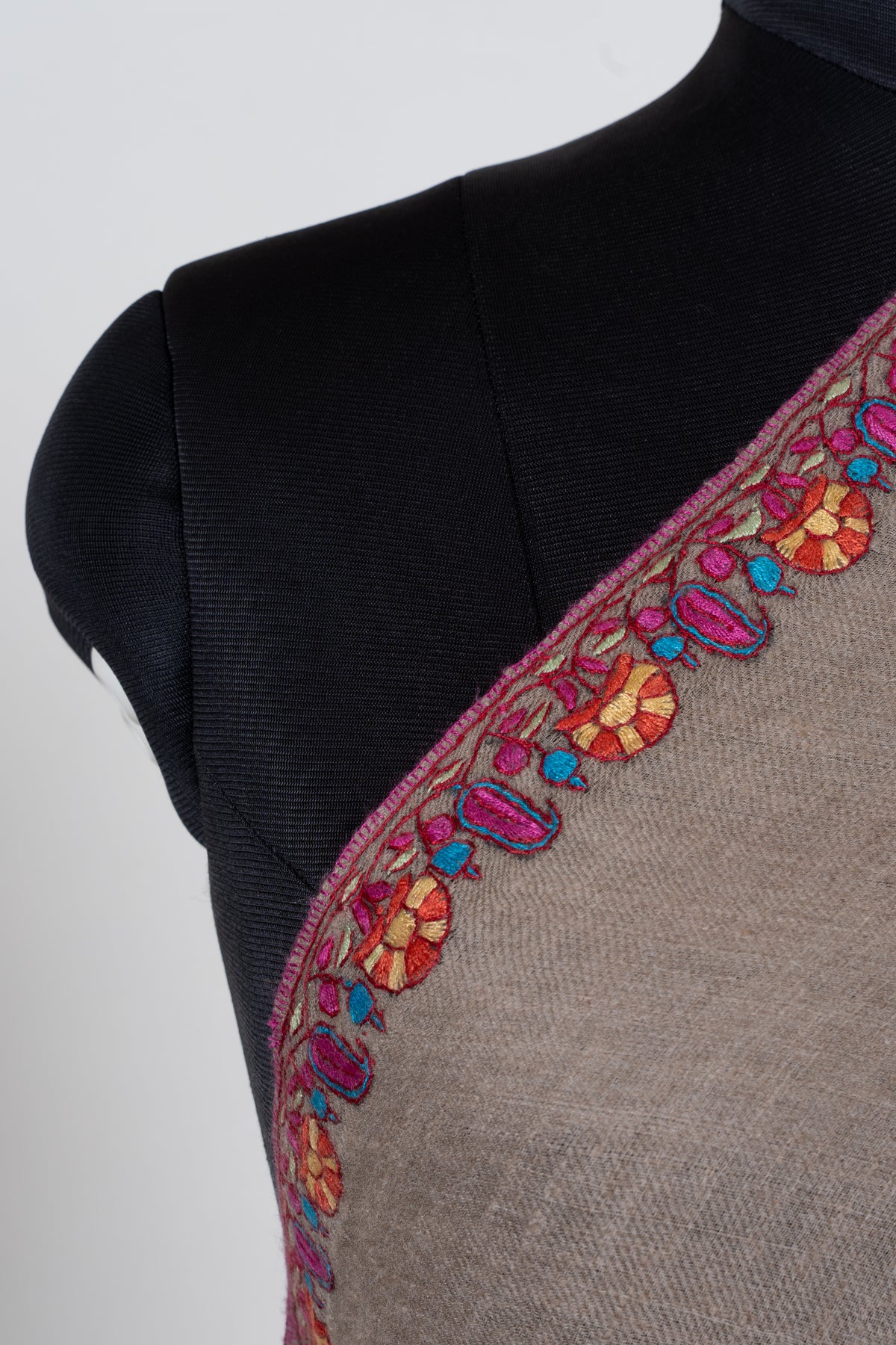 Sandstone Elegance Pure Pashmina Shawl with Vibrant Sozni Hand Embroidered Paisley Borders