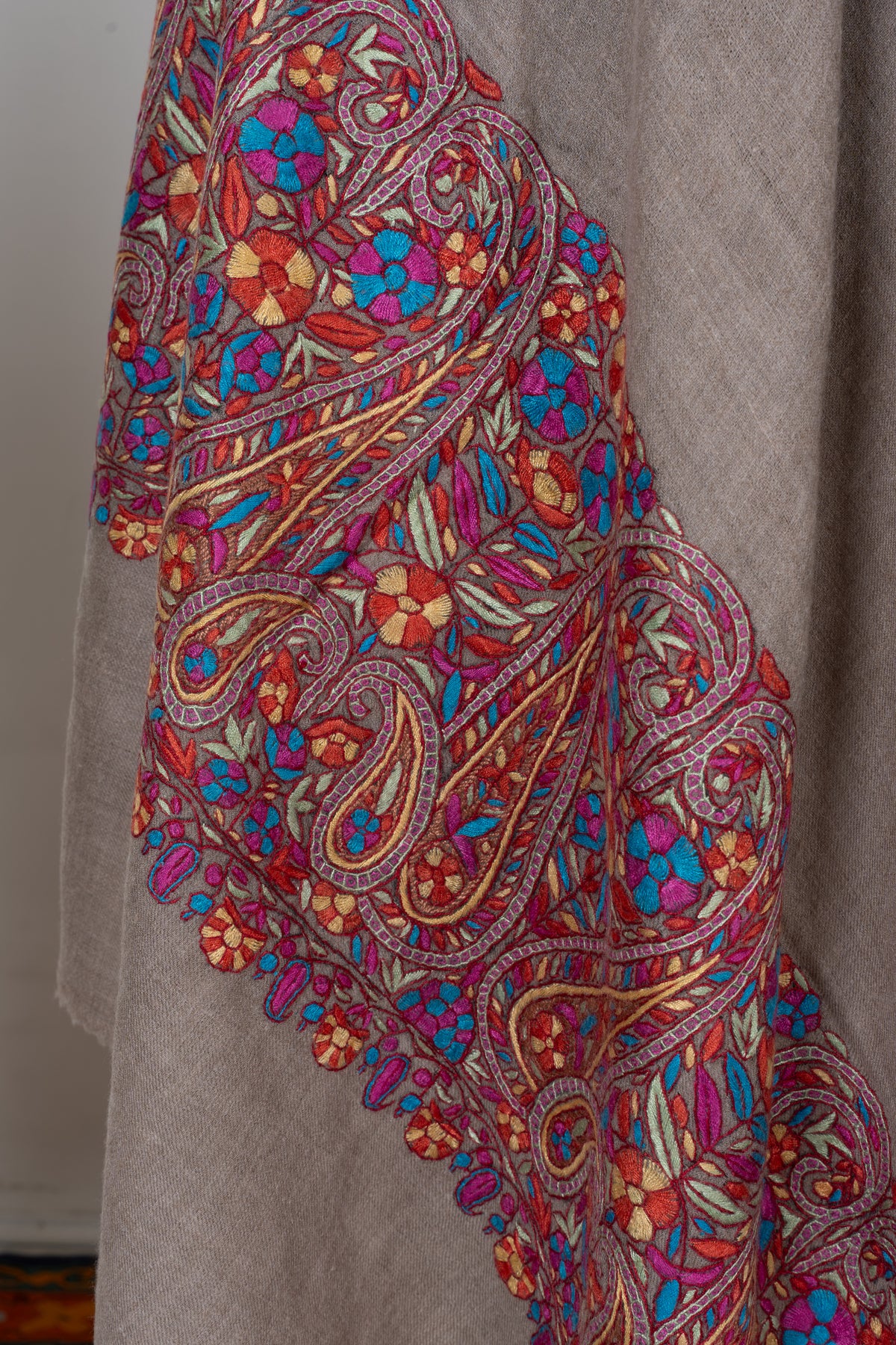Sandstone Elegance Pure Pashmina Shawl with Vibrant Sozni Hand Embroidered Paisley Borders