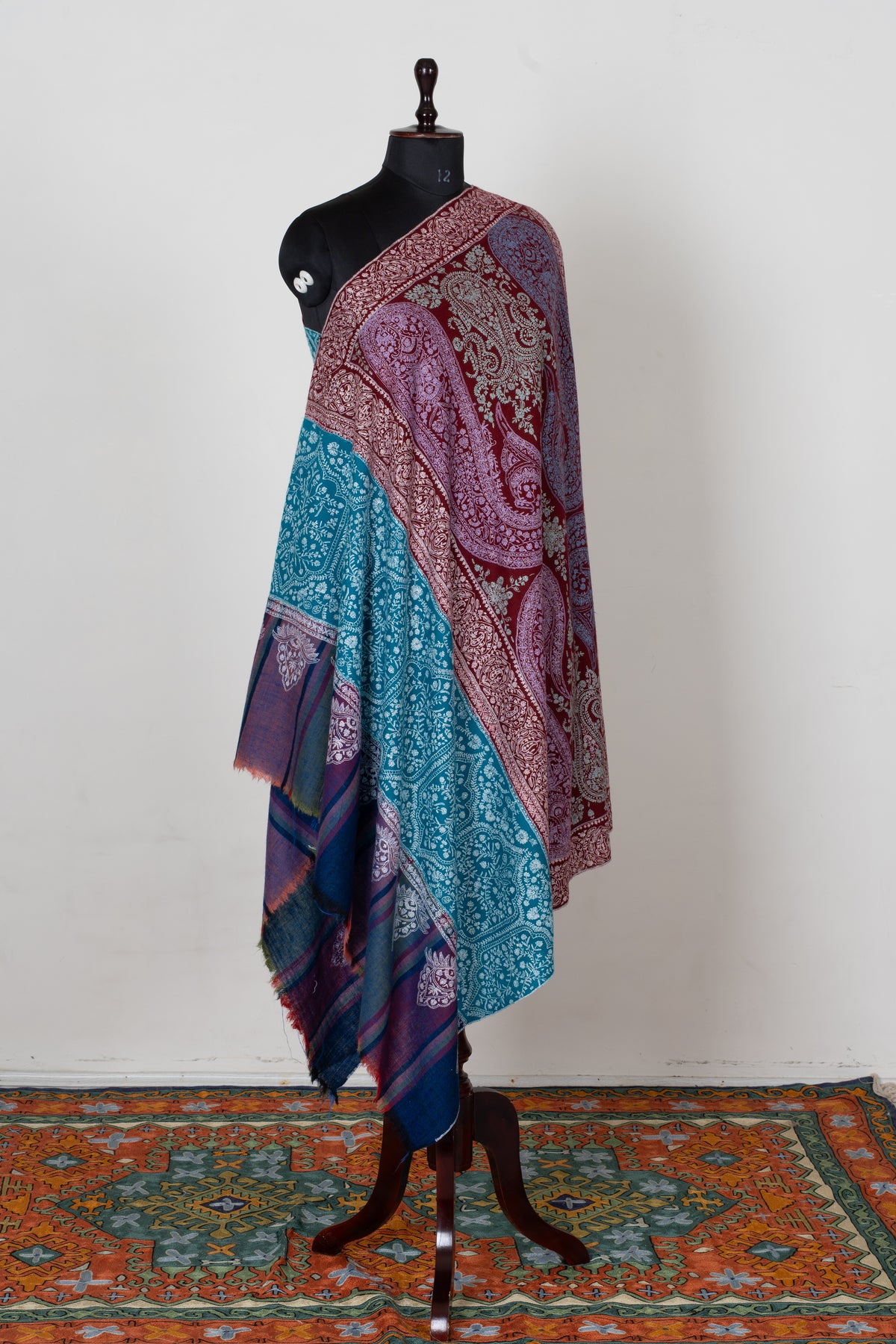 Royal Burgundy and Turquoise Sozni Hand Embroidered Pure Pashmina Shawl with Ornate Paisley Panels