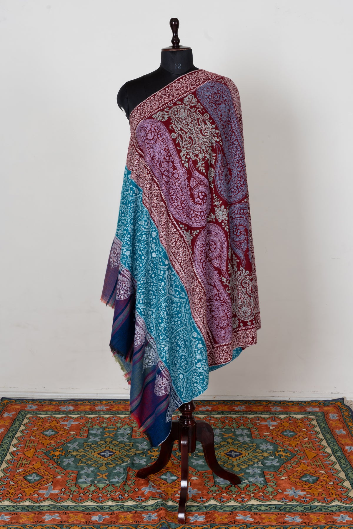 Royal Burgundy and Turquoise Sozni Hand Embroidered Pure Pashmina Shawl with Ornate Paisley Panels