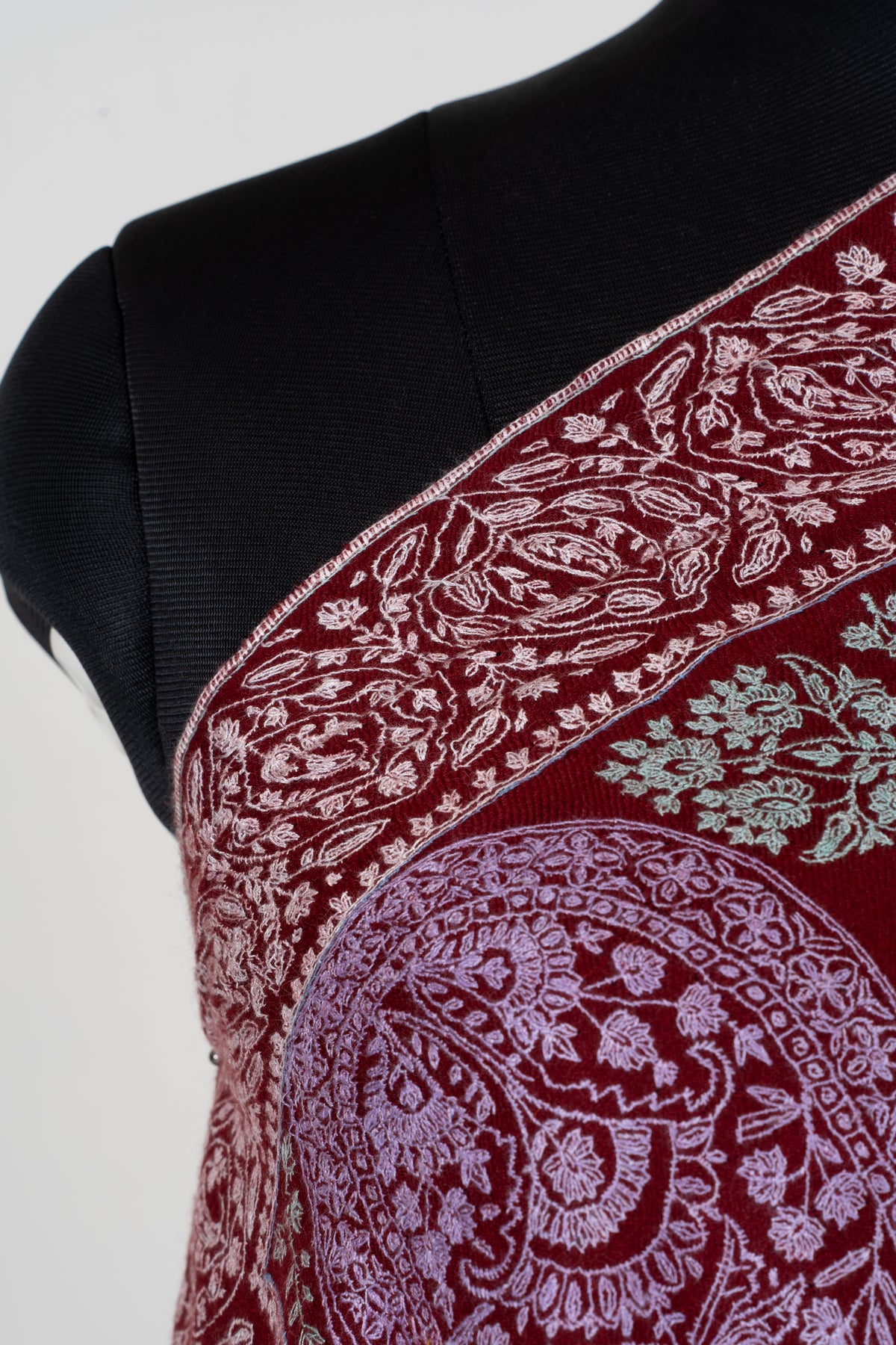 Royal Burgundy and Turquoise Sozni Hand Embroidered Pure Pashmina Shawl with Ornate Paisley Panels
