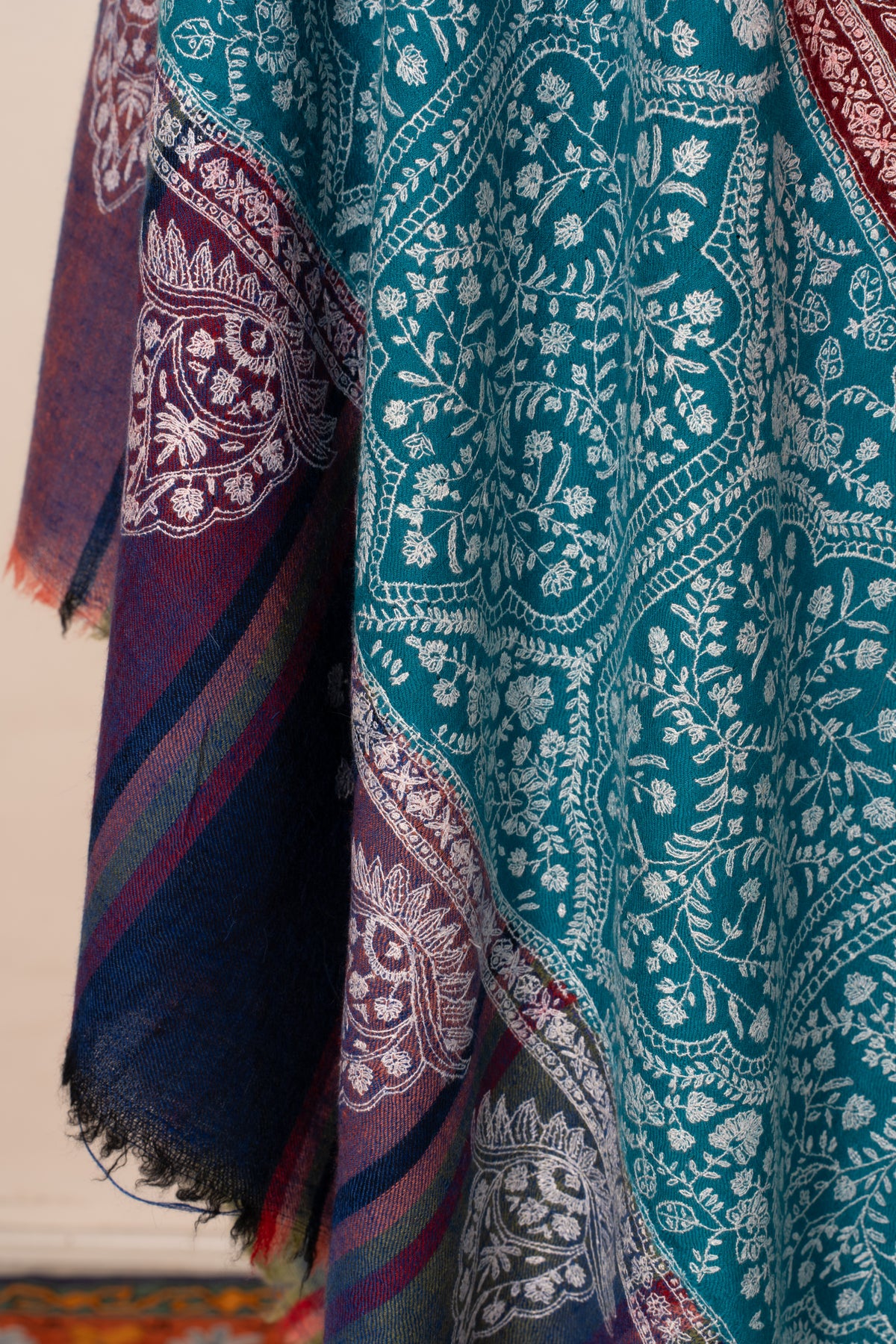 Royal Burgundy and Turquoise Sozni Hand Embroidered Pure Pashmina Shawl with Ornate Paisley Panels