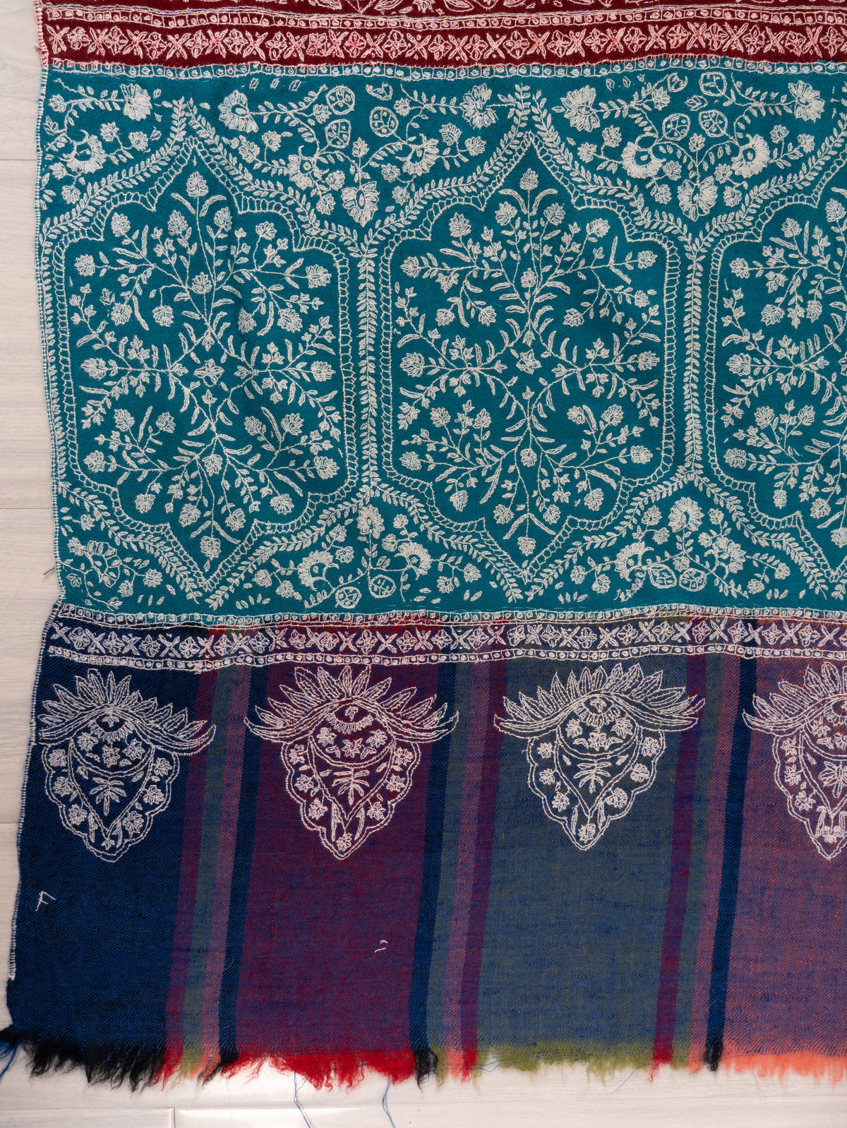 Royal Burgundy and Turquoise Sozni Hand Embroidered Pure Pashmina Shawl with Ornate Paisley Panels