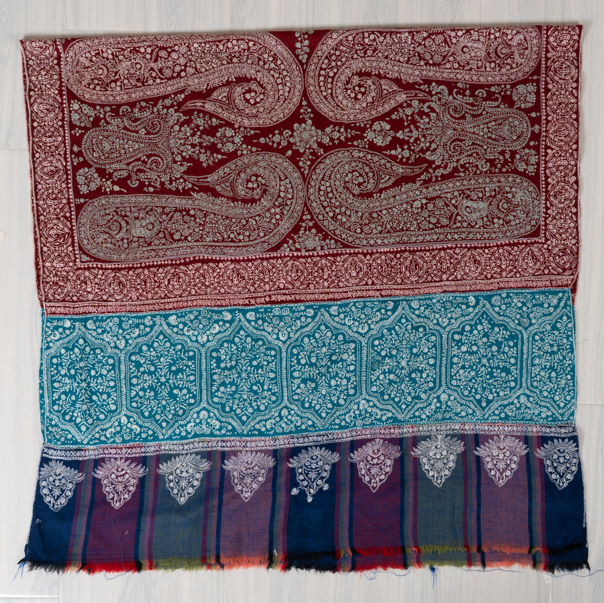 Royal Burgundy and Turquoise Sozni Hand Embroidered Pure Pashmina Shawl with Ornate Paisley Panels
