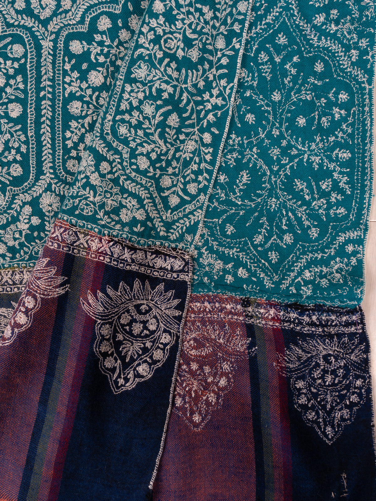 Royal Burgundy and Turquoise Sozni Hand Embroidered Pure Pashmina Shawl with Ornate Paisley Panels
