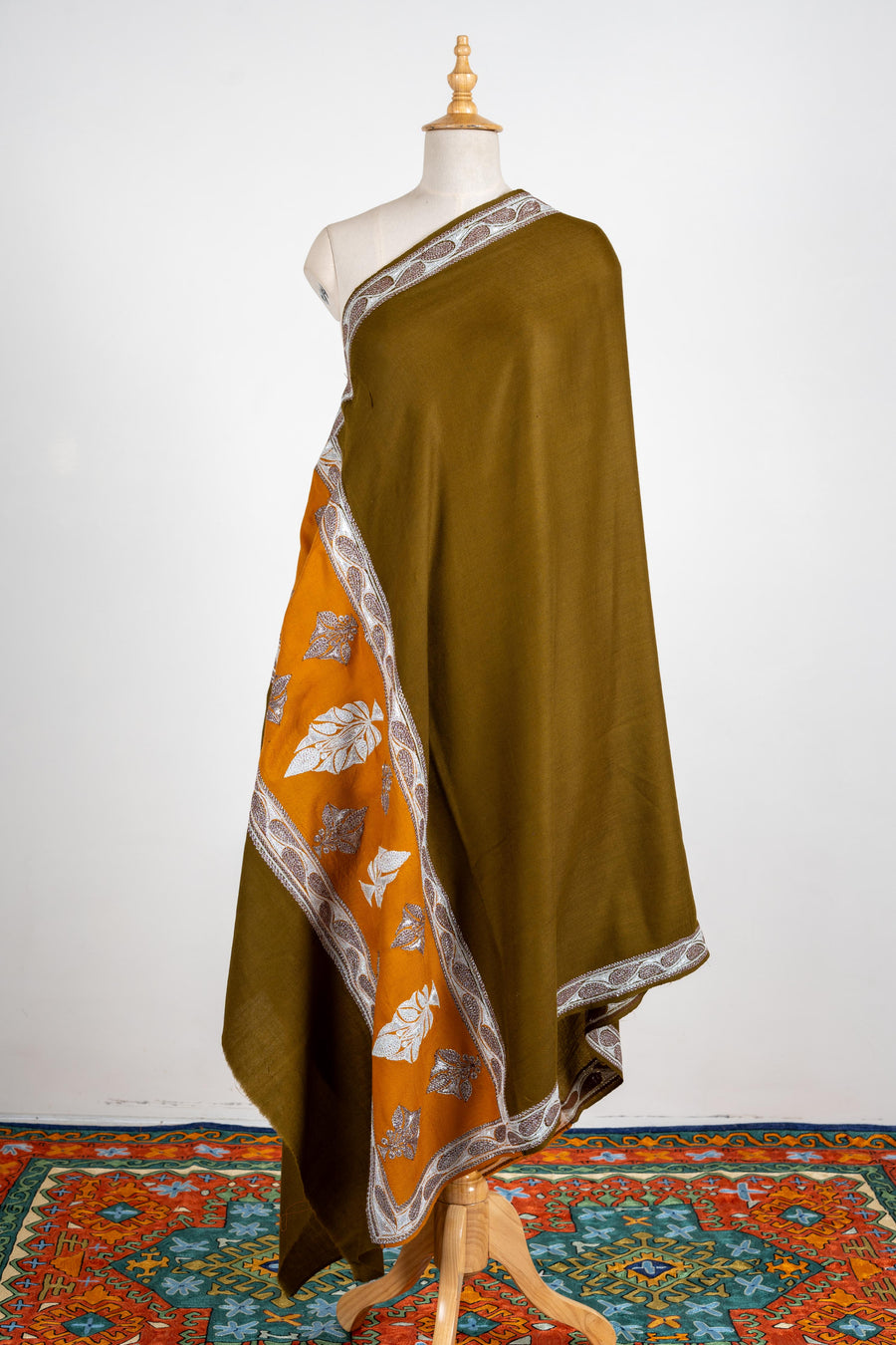 Olive Symphony Merino Wool Shawl with Tilla Embroidery