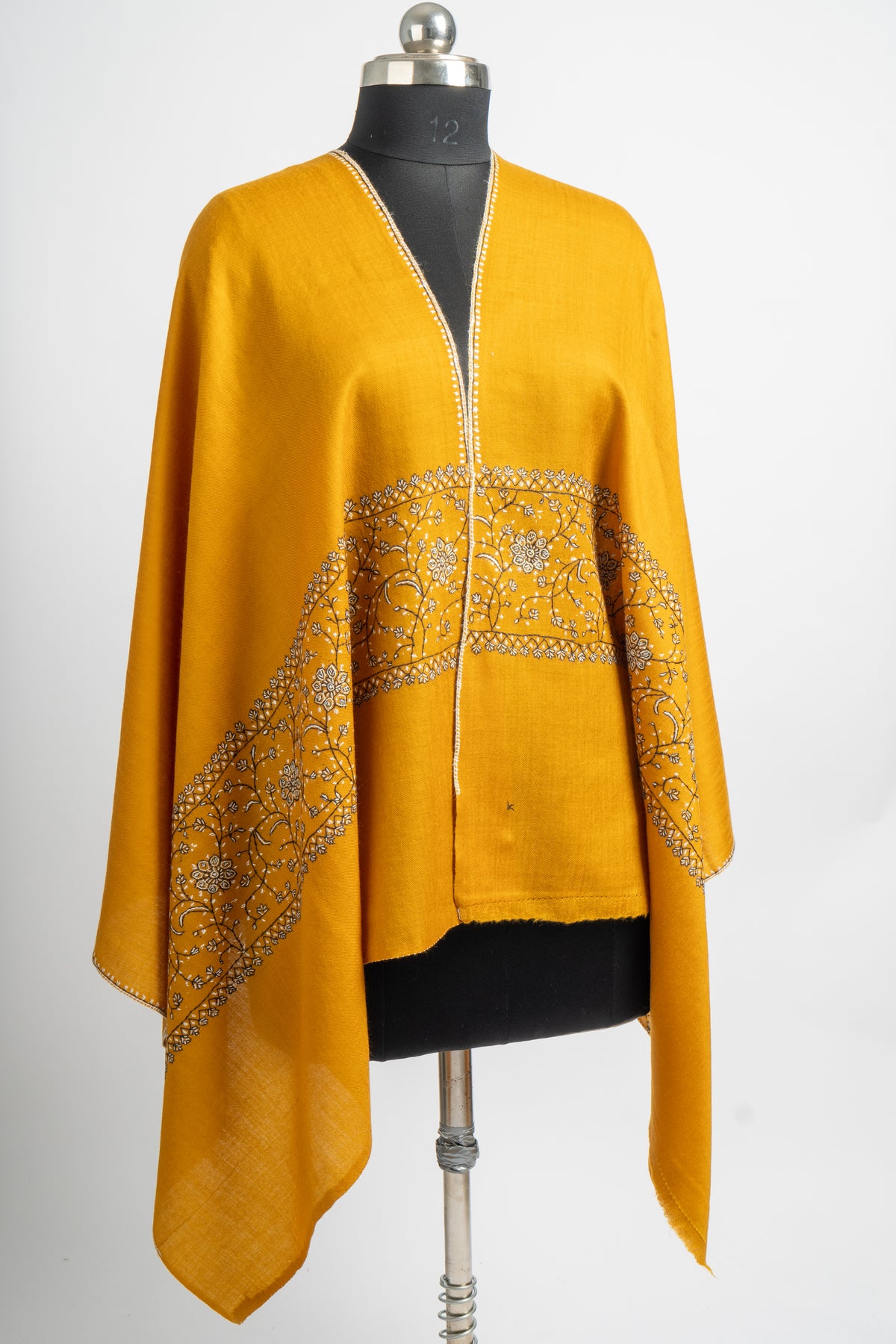 Golden Radiance: Sozni-Embroidered Merino Wool Stole