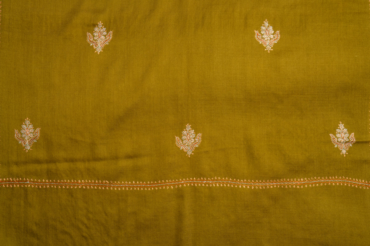 Olive-green stole laid flat with small pale floral motifs spaced above a narrow embroidered end border.