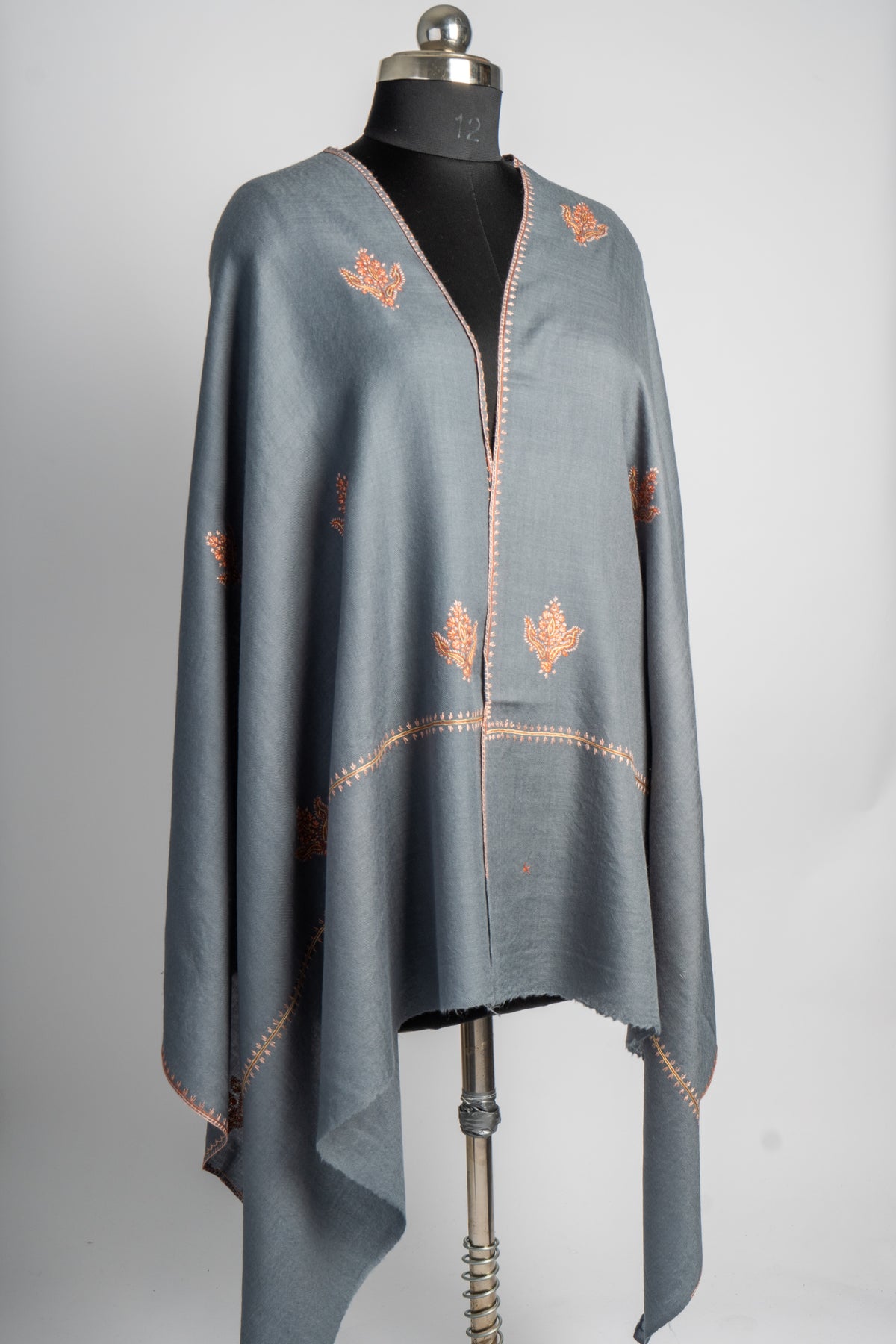 Smoky Grace: Hand-Embroidered Sozni Merino Wool Stole