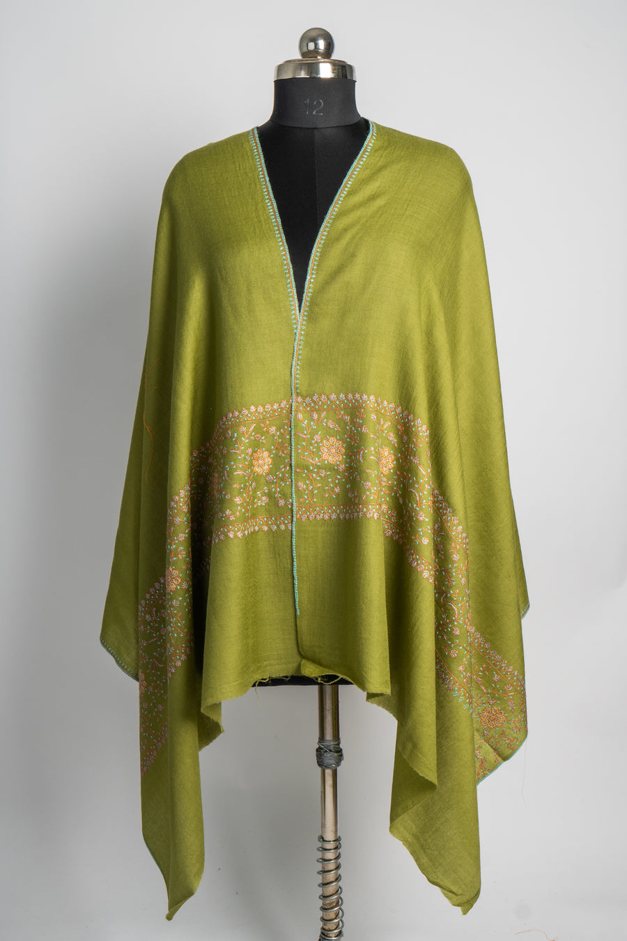 Verdant Bliss: Sozni-Embroidered Handcrafted Merino Wool Stole
