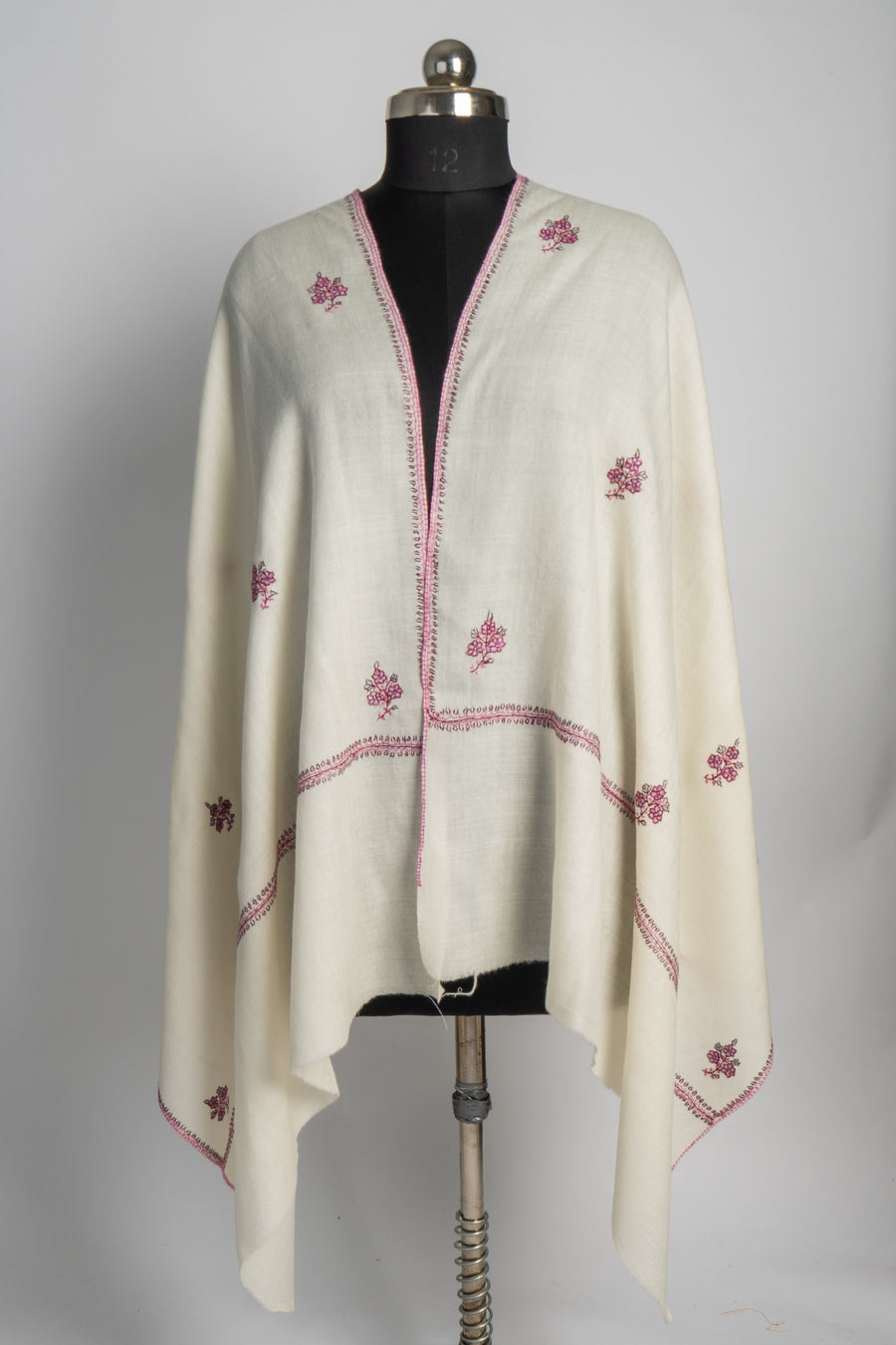 Ivory Bloom: Sozni Hand-Embroidered Merino Wool Stole