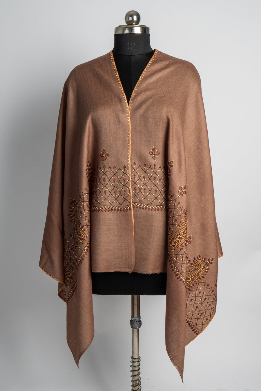 Chestnut Majesty: Sozni-Embroidered Merino Wool Stole