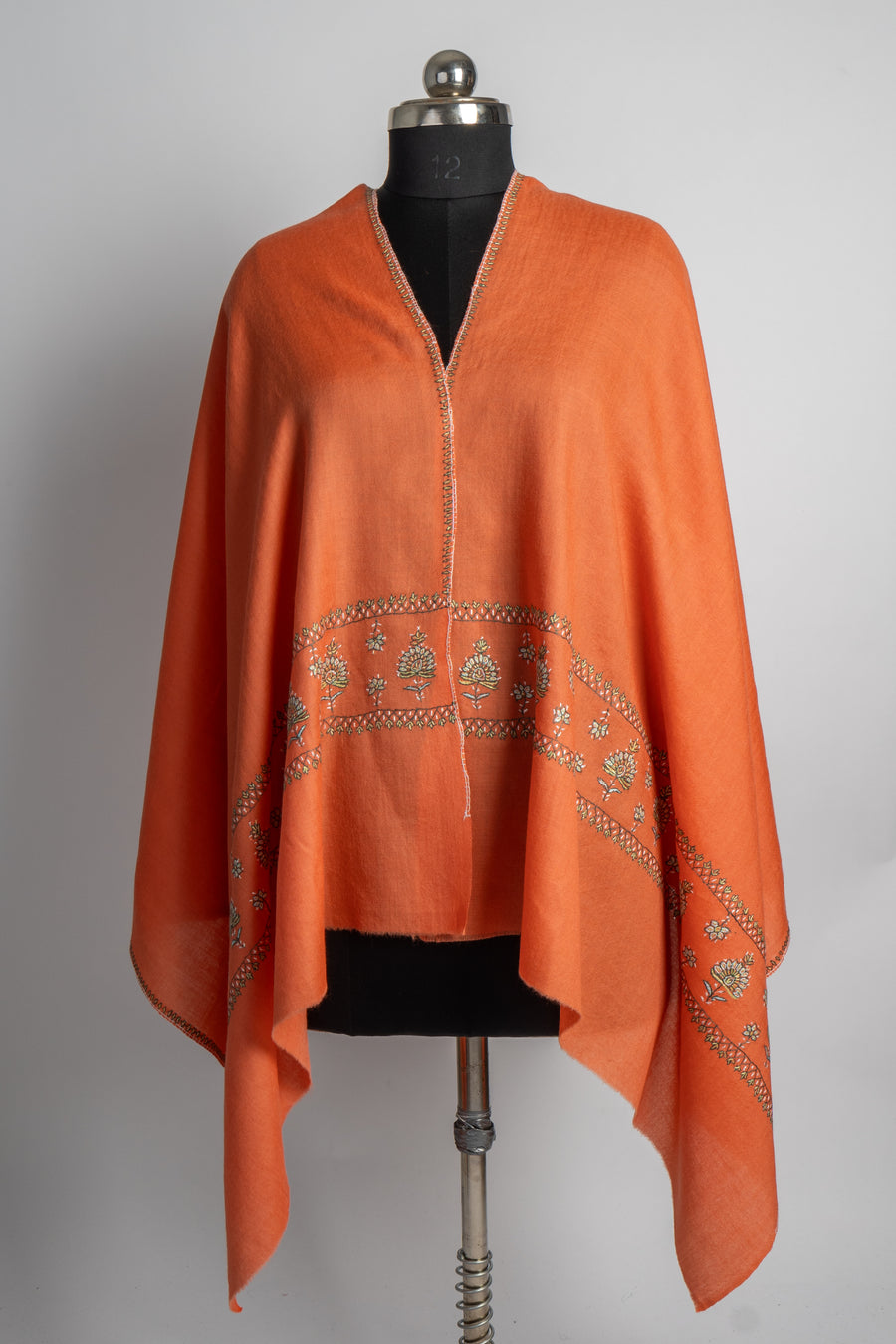 Tangerine Glow: Sozni-Embroidered Merino Wool Stole