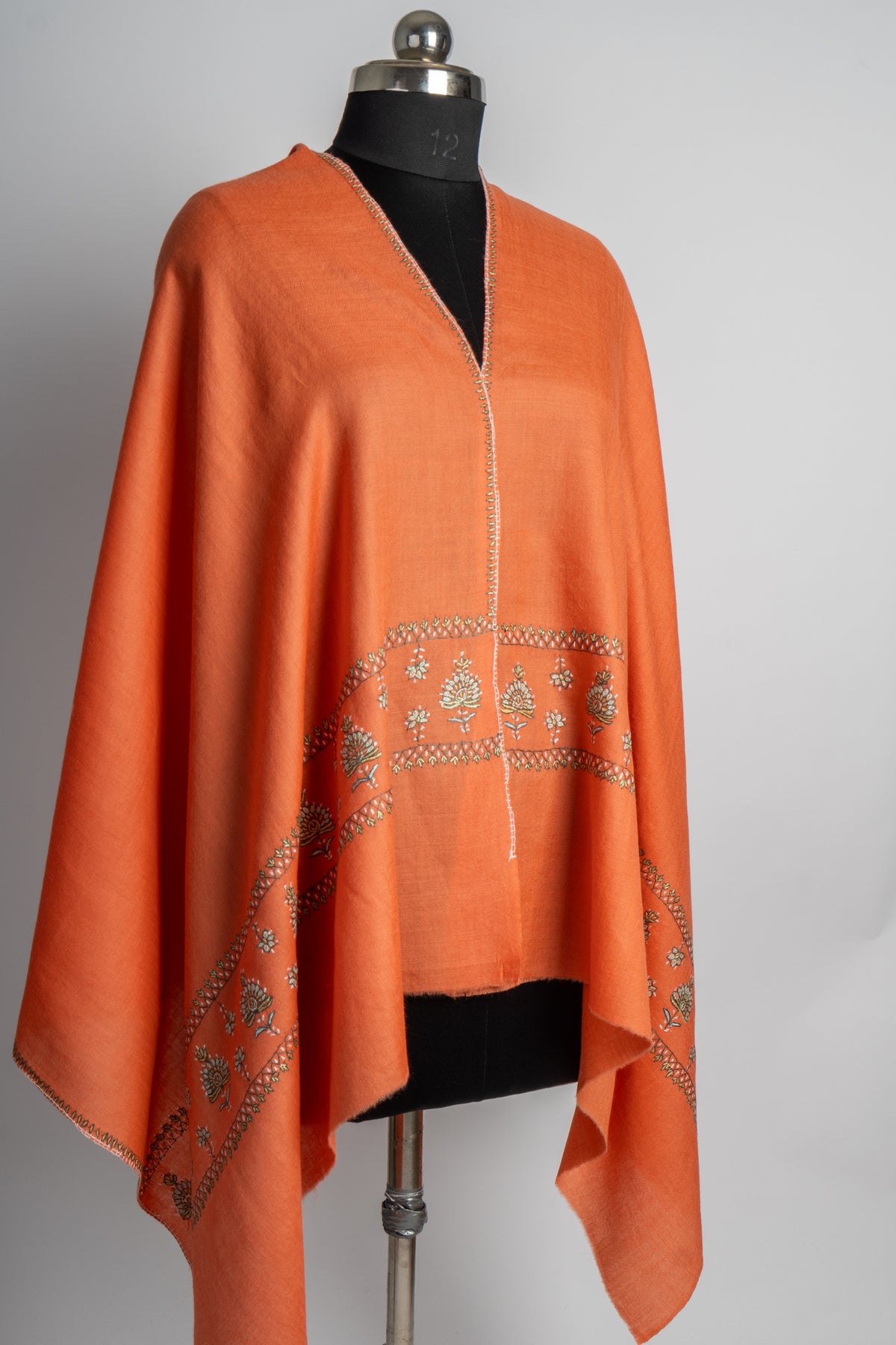 Tangerine Glow: Sozni-Embroidered Merino Wool Stole
