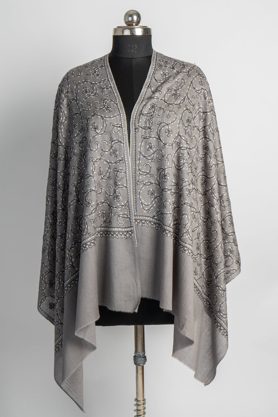 Silver Whisper: Sozni Hand-Embroidered Merino Wool Stole