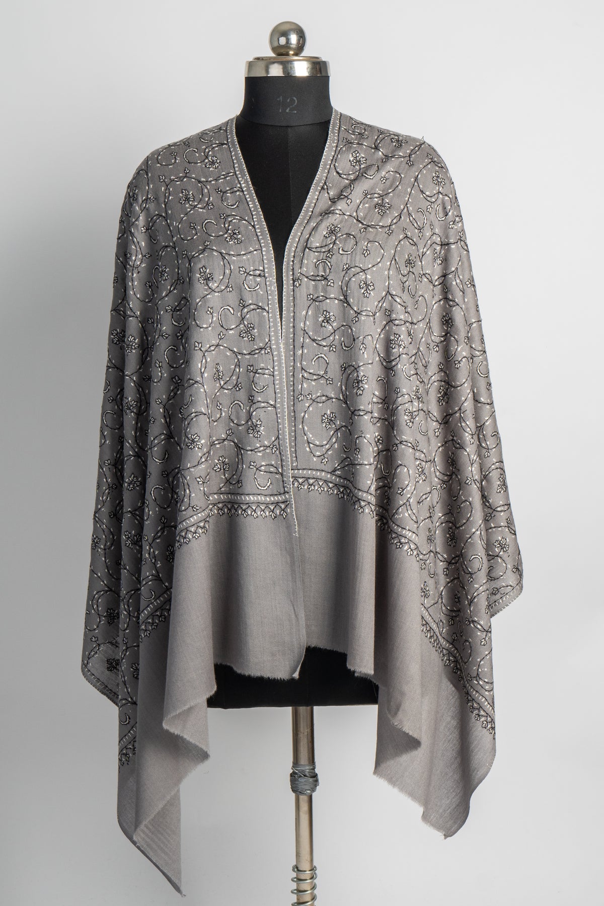 Silver Whisper: Sozni Hand-Embroidered Merino Wool Stole