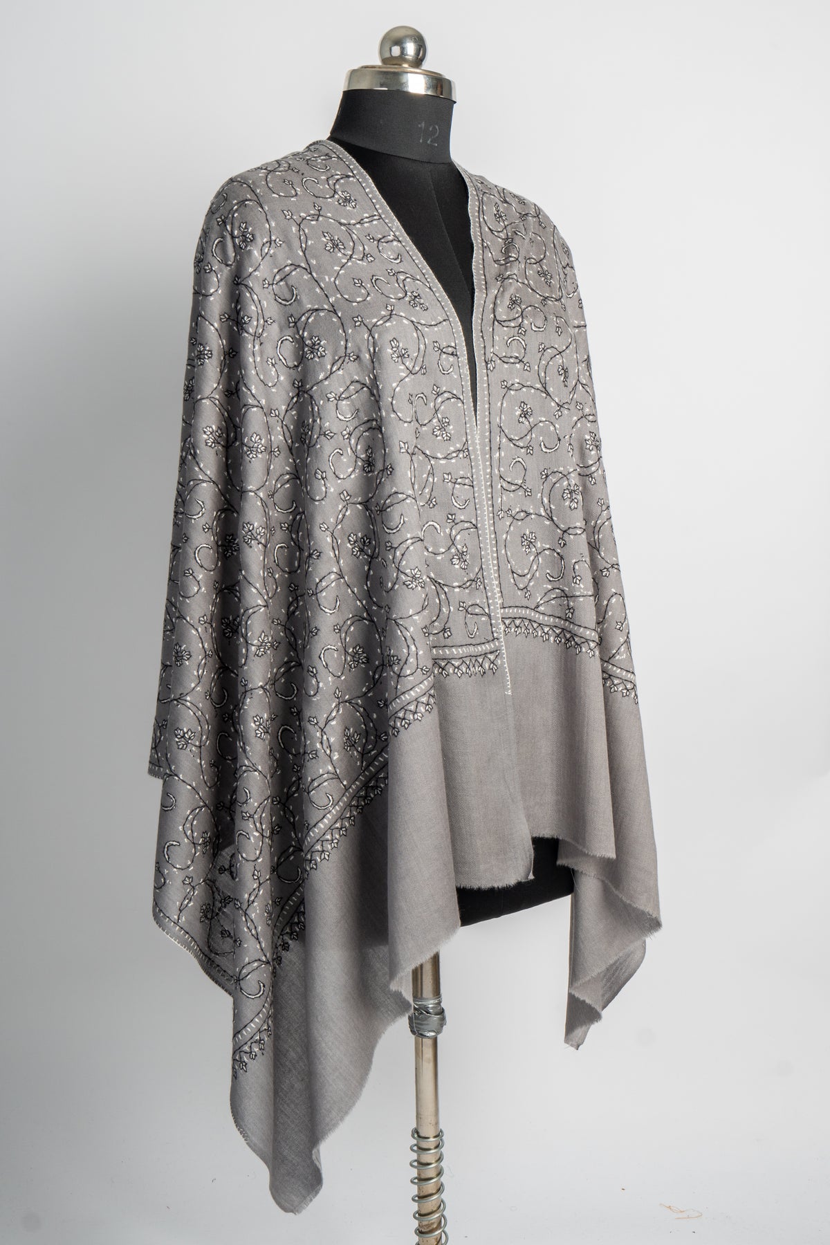 Silver Whisper: Sozni Hand-Embroidered Merino Wool Stole