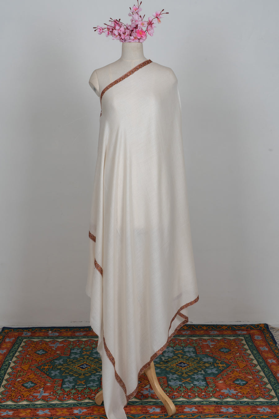 Ivory Radiance Merino wool 2.5 Yards Sozni Hand Embroidered Shawl
