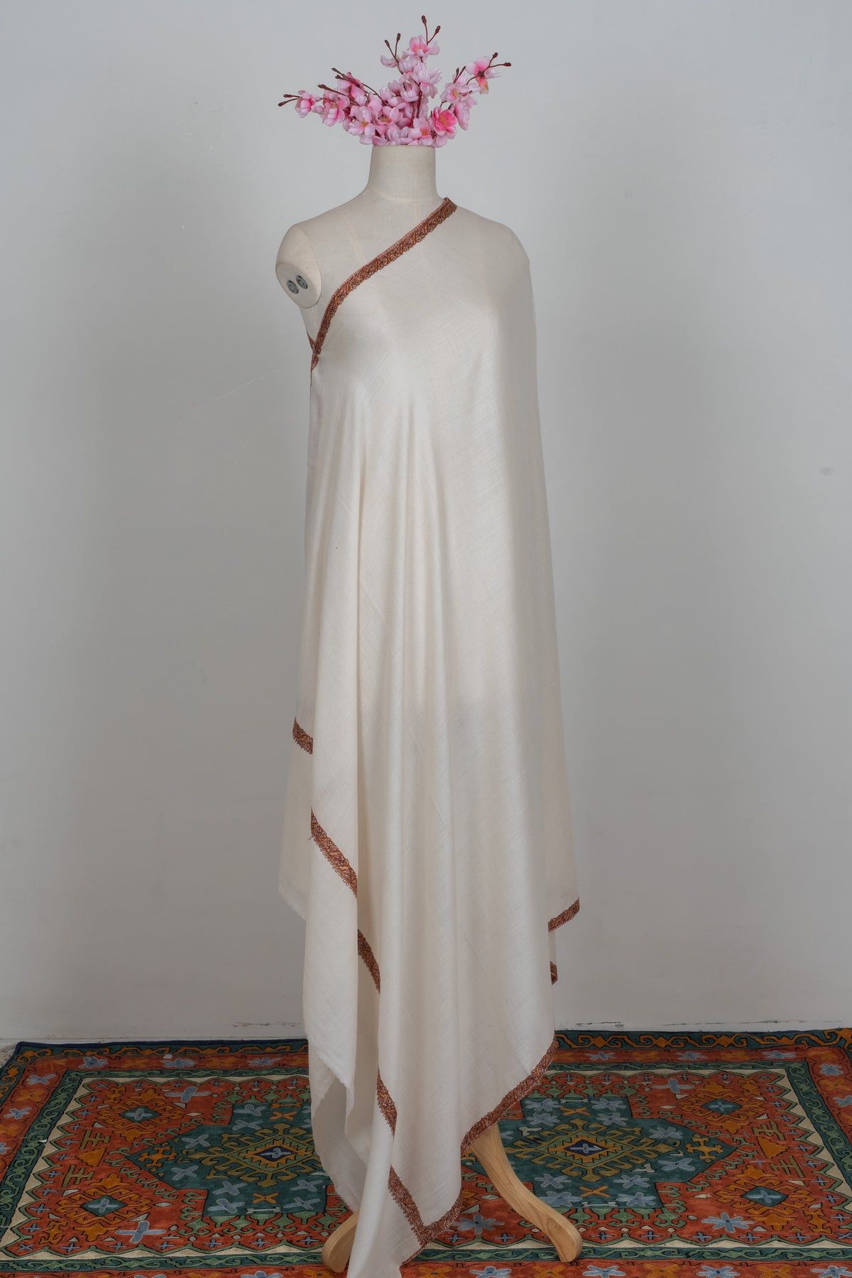Ivory Radiance Merino wool 2.5 Yards Sozni Hand Embroidered Shawl