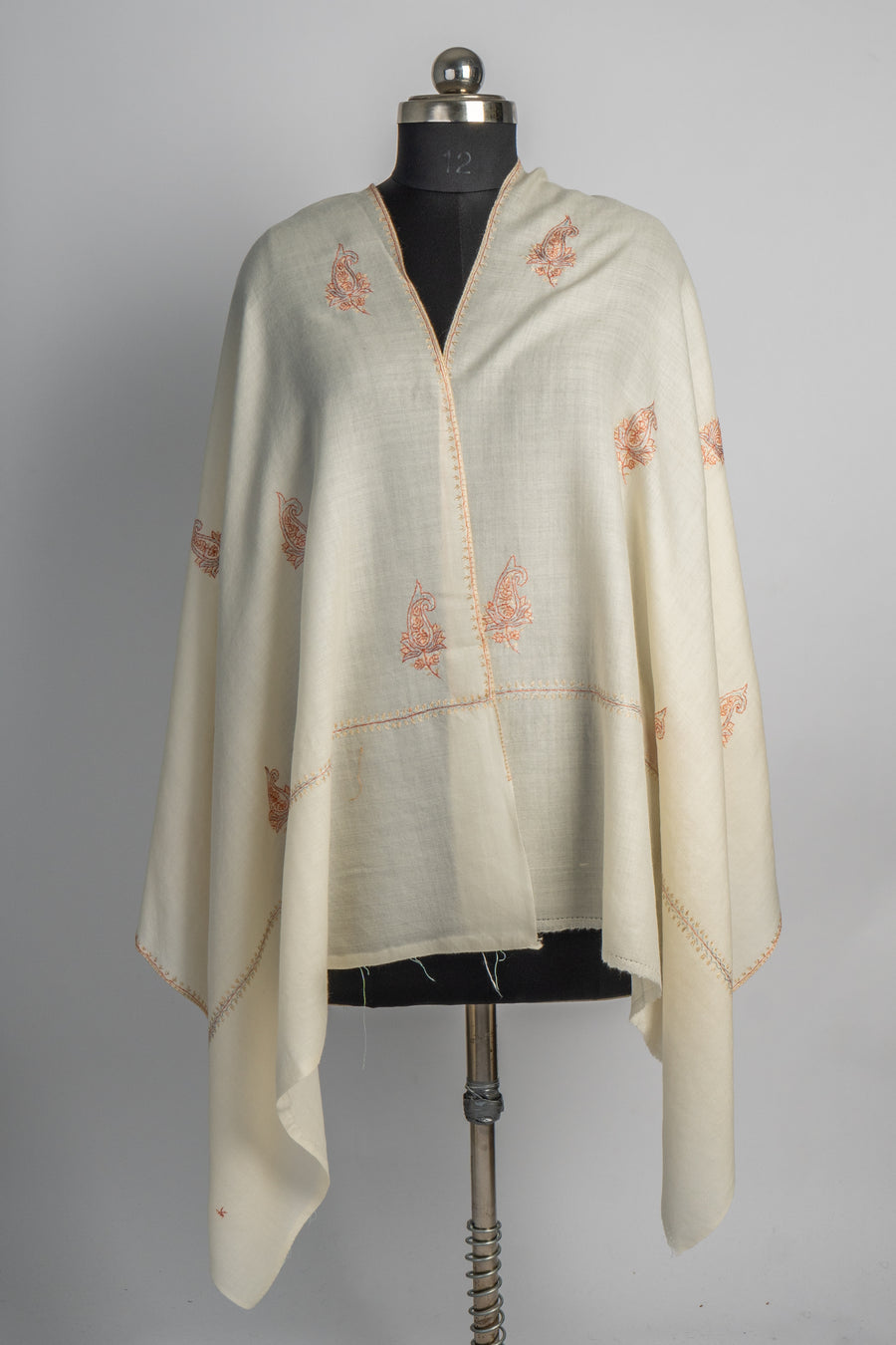 Ivory Serenity: Sozni Hand Embroidered Merino Wool Stole