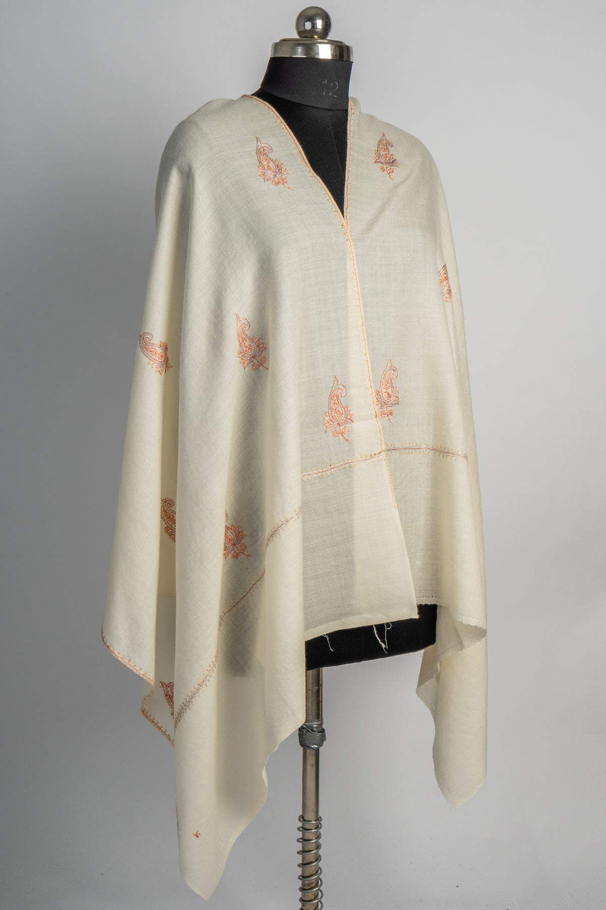 Ivory Serenity: Sozni Hand Embroidered Merino Wool Stole