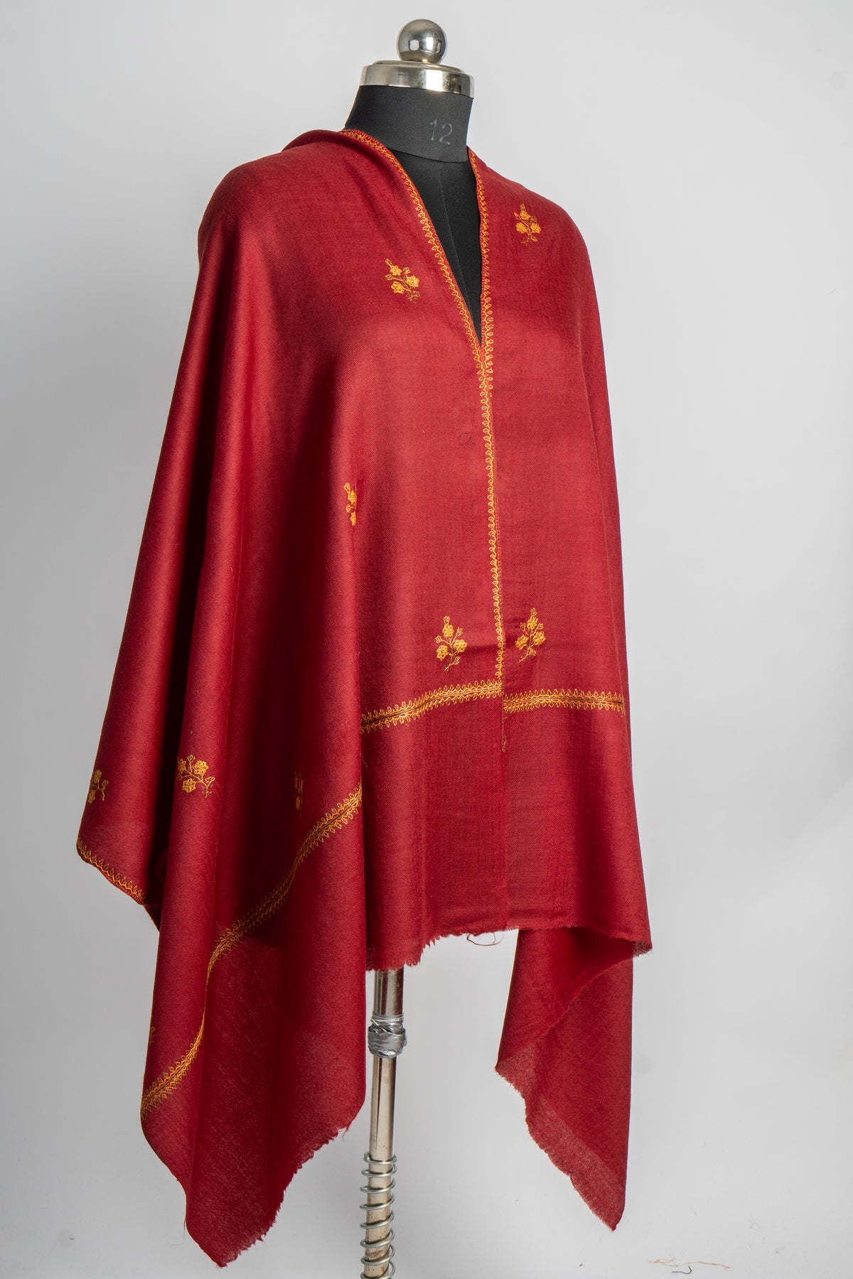 Crimson Sunset: Hand Embroidered Sozni Merino Wool Stole