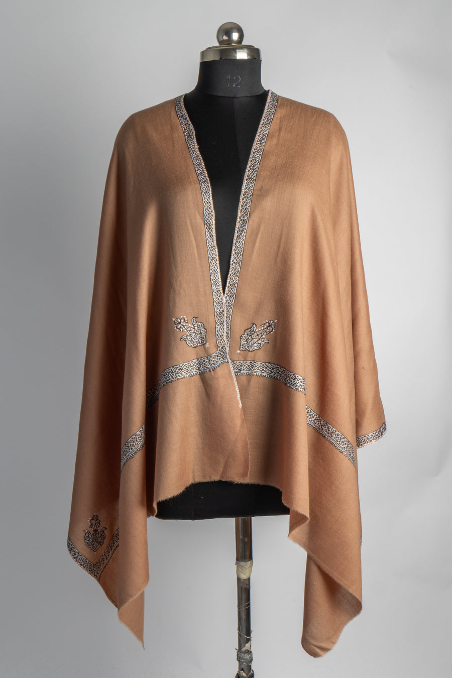 Bronze Elegance: Sozni Hand-Embroidered Merino Wool Stole