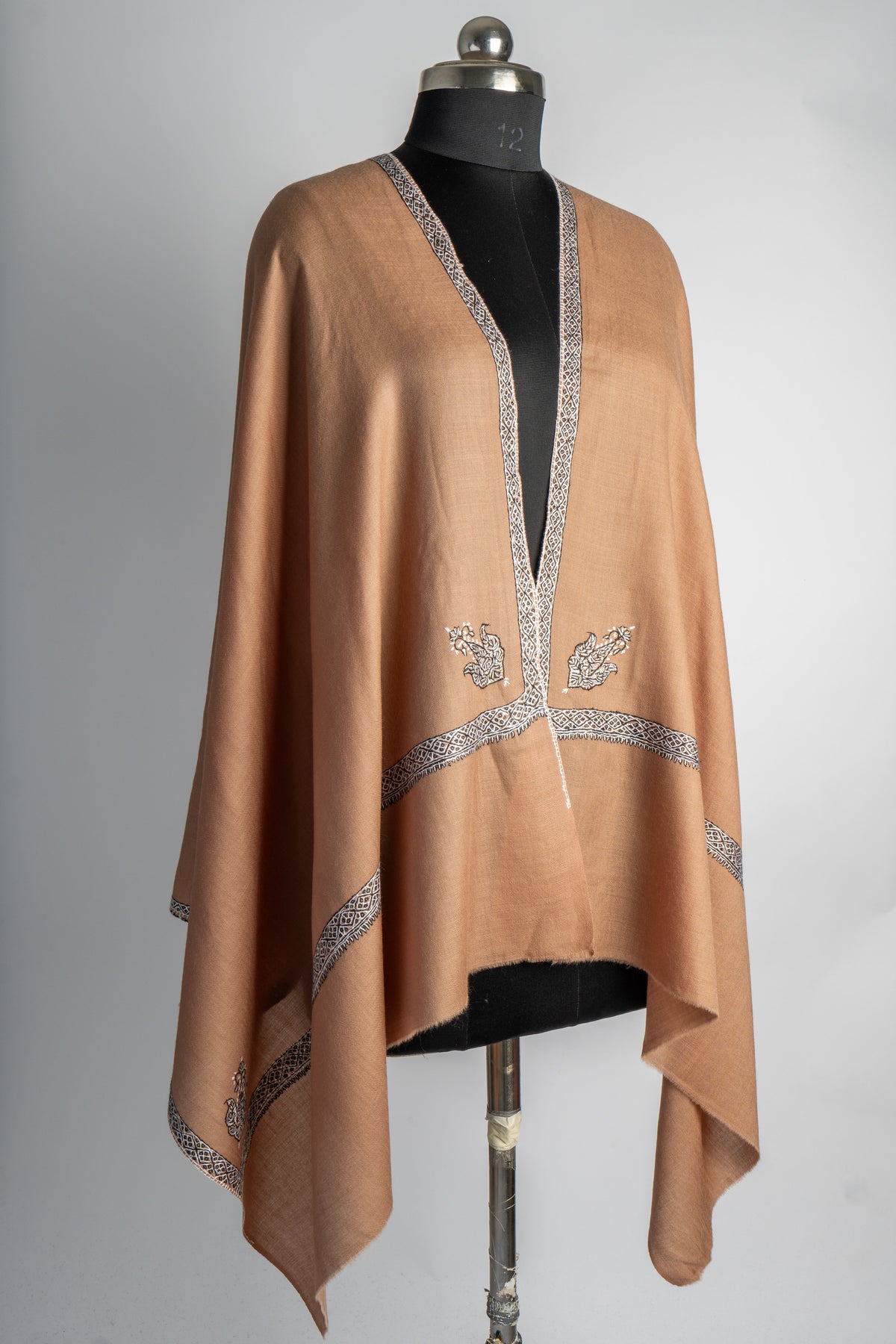 Bronze Elegance: Sozni Hand-Embroidered Merino Wool Stole
