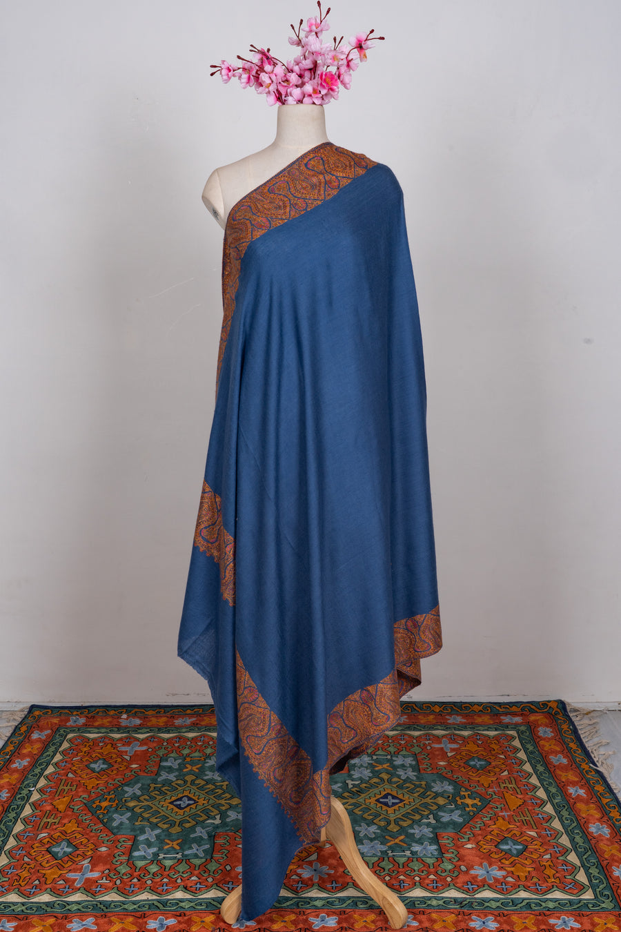Royal Indigo Merino wool 2.5 Yards Sozni Hand Embroidered Shawl