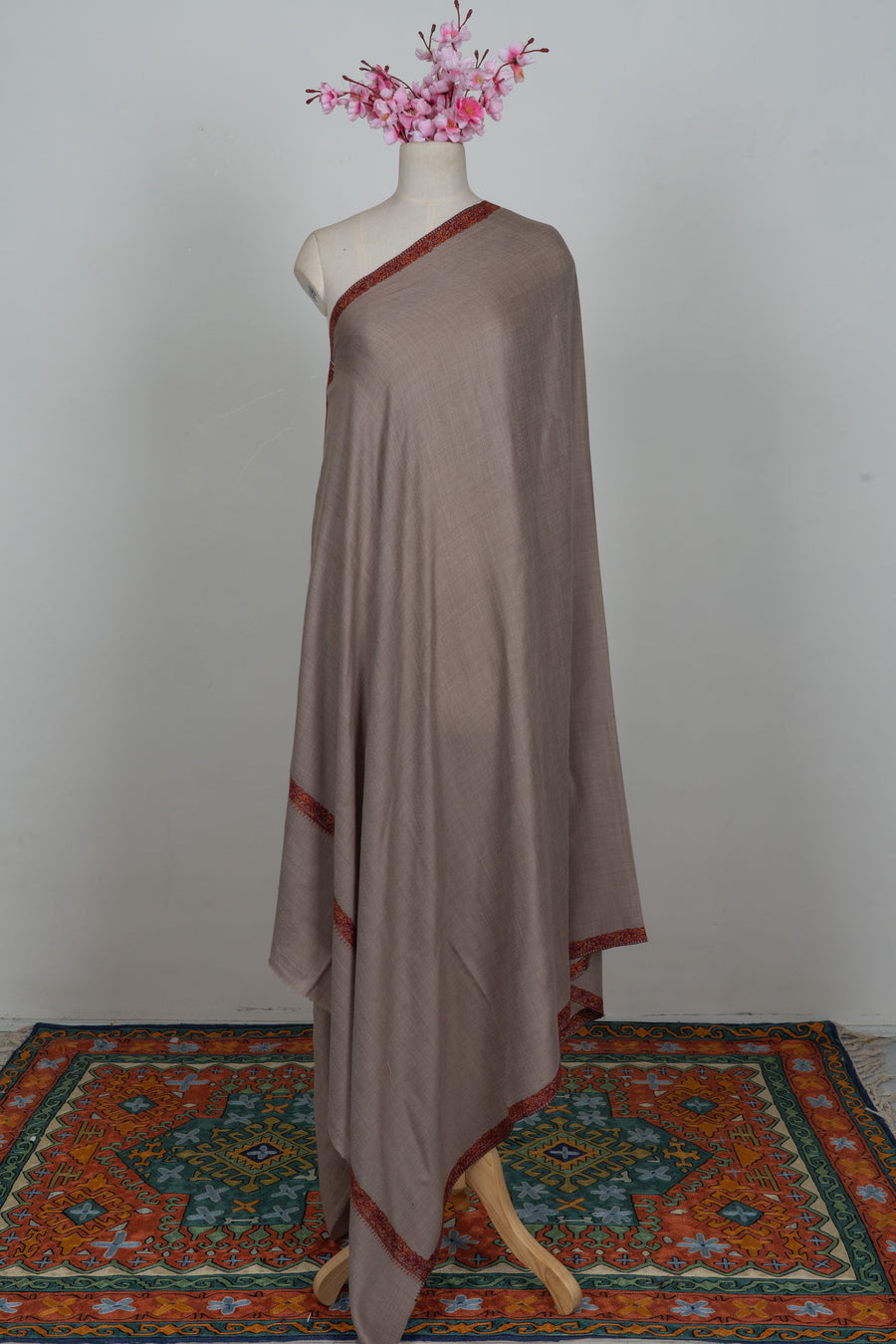 Warm Mocha Merino wool 2.5 Yards Sozni Hand Embroidered Shawl