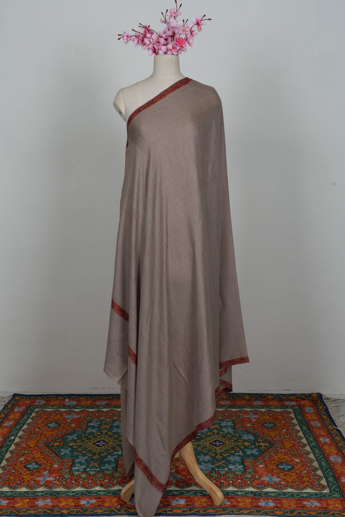 Warm Mocha Merino wool 2.5 Yards Sozni Hand Embroidered Shawl