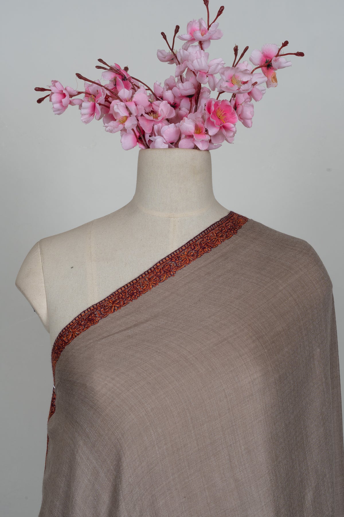 Warm Mocha Merino wool 2.5 Yards Sozni Hand Embroidered Shawl