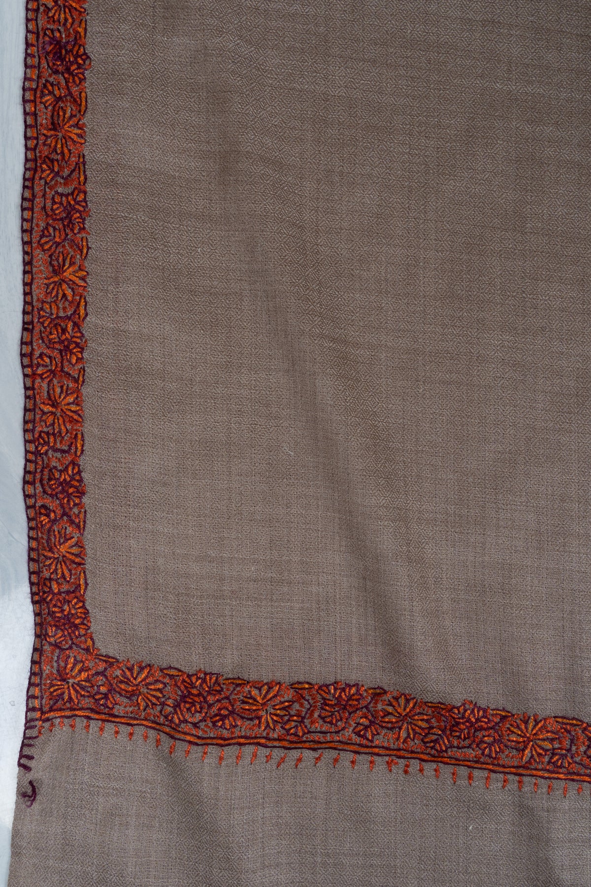Warm Mocha Merino wool 2.5 Yards Sozni Hand Embroidered Shawl