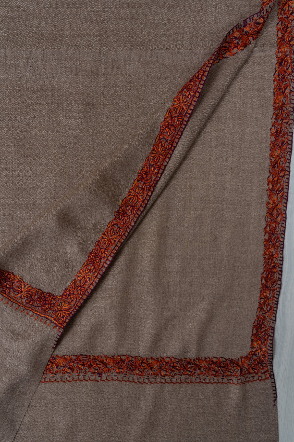 Warm Mocha Merino wool 2.5 Yards Sozni Hand Embroidered Shawl